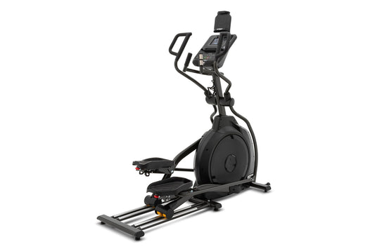 Black Spirit XE295 elliptical machine with digital console, curved handlebars, and footpedals on white background