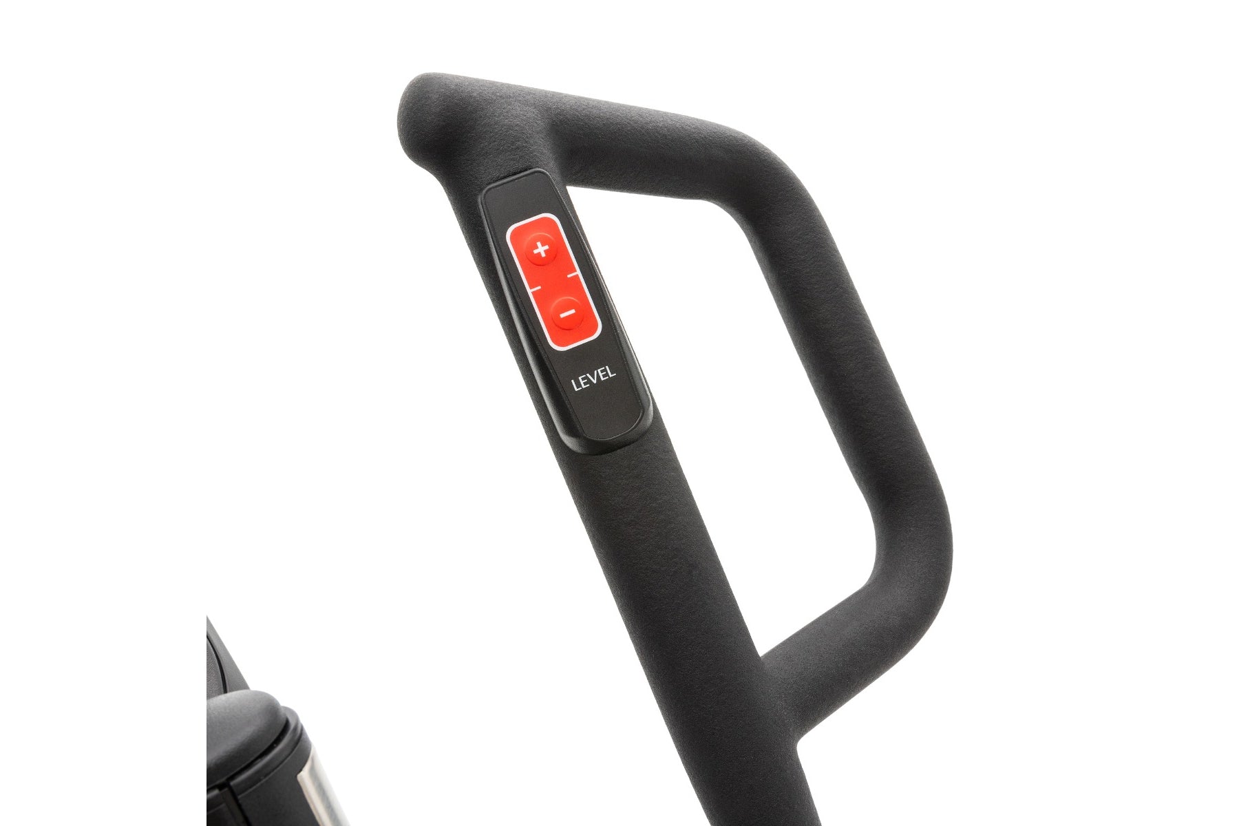Black foam-padded elliptical handle with red digital control panel displaying plus, minus, and level buttons on white backgro
