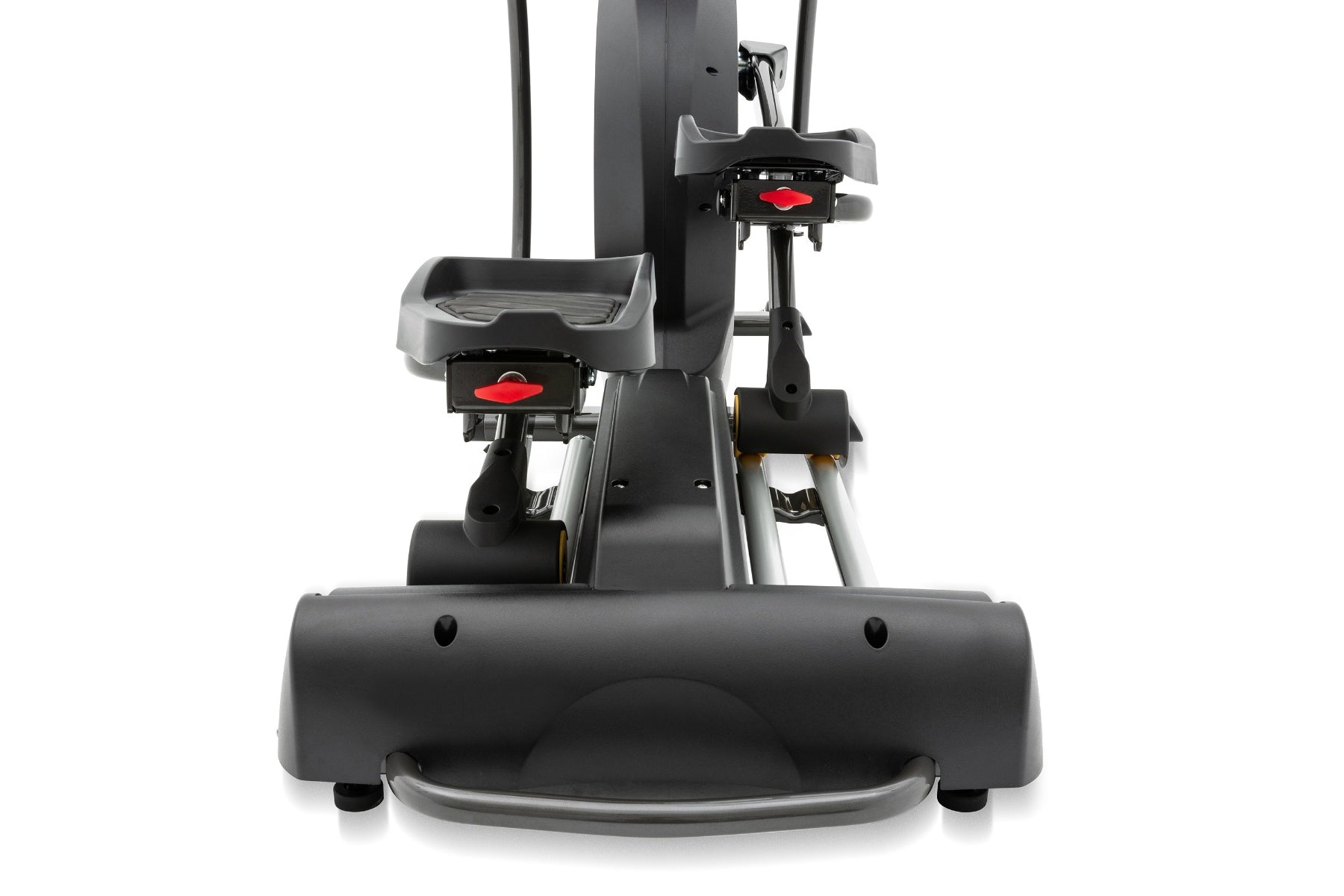 Black and gray Spirit XE395 elliptical machine with pedals, handlebar controls with red accents, and footrest on white backgr