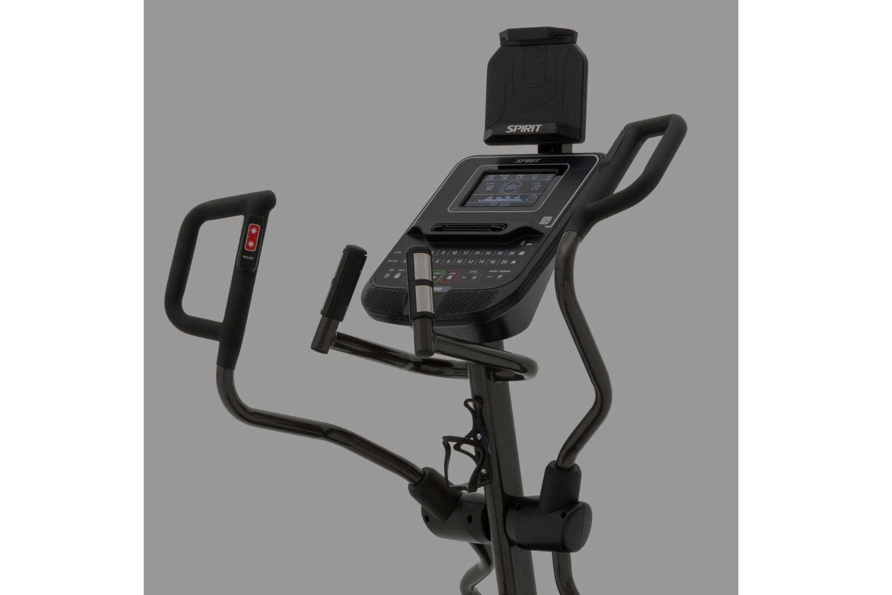 Spirit XE395 black elliptical machine with digital display console and dual handles on gray background