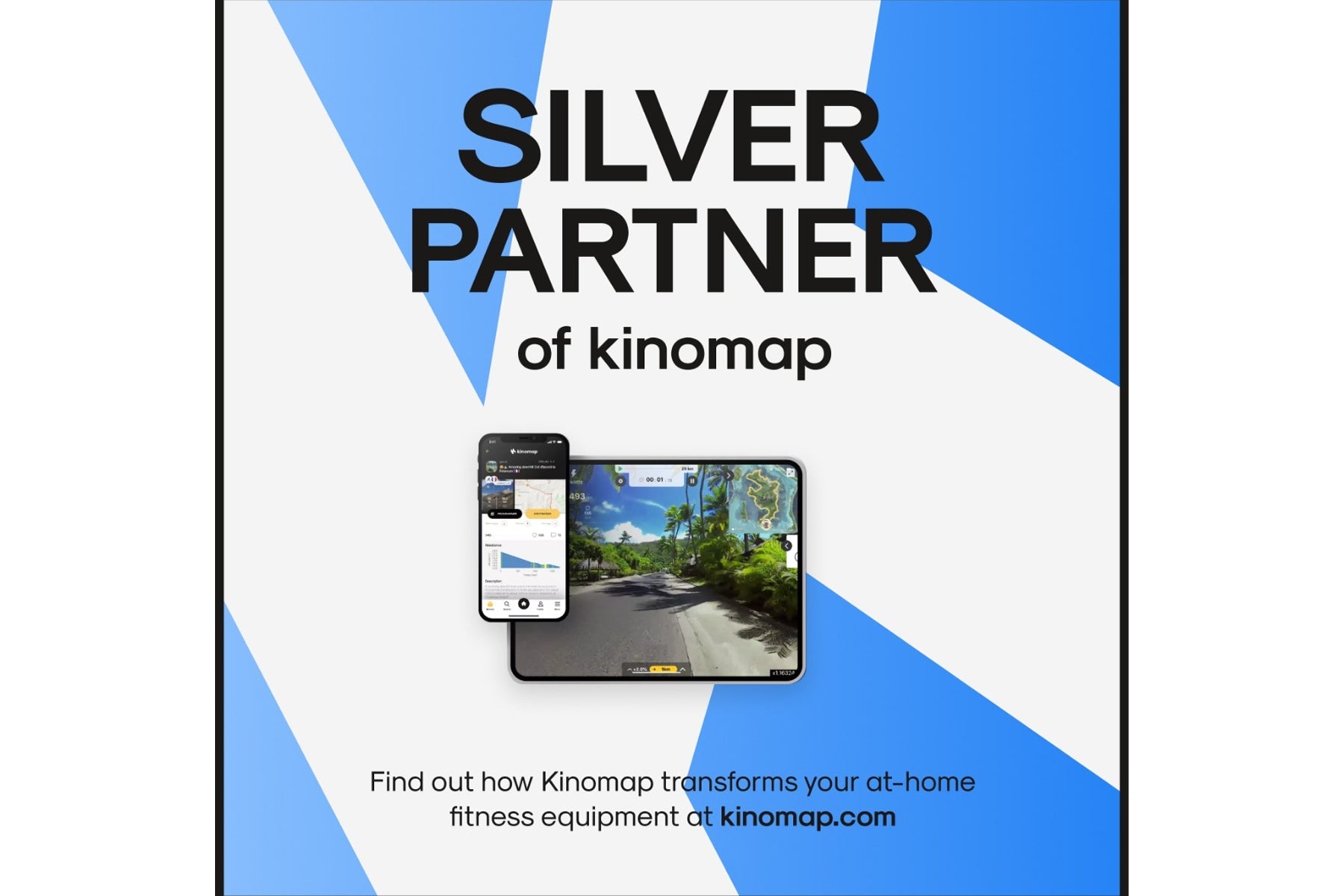 Kinomap Silver Partner badge with app screenshot on phone and tablet