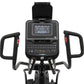 Spirit XE395 black elliptical machine with digital display console, dual handles with red buttons, and resistance controls on