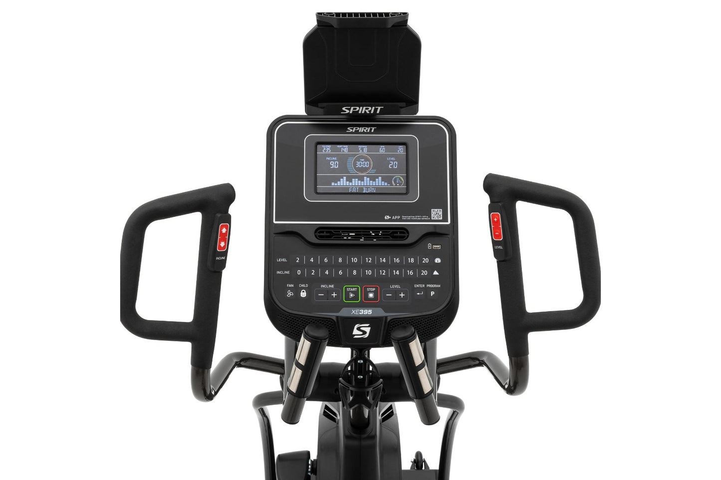 Spirit XE395 black elliptical machine with digital display console, dual handles with red buttons, and resistance controls on