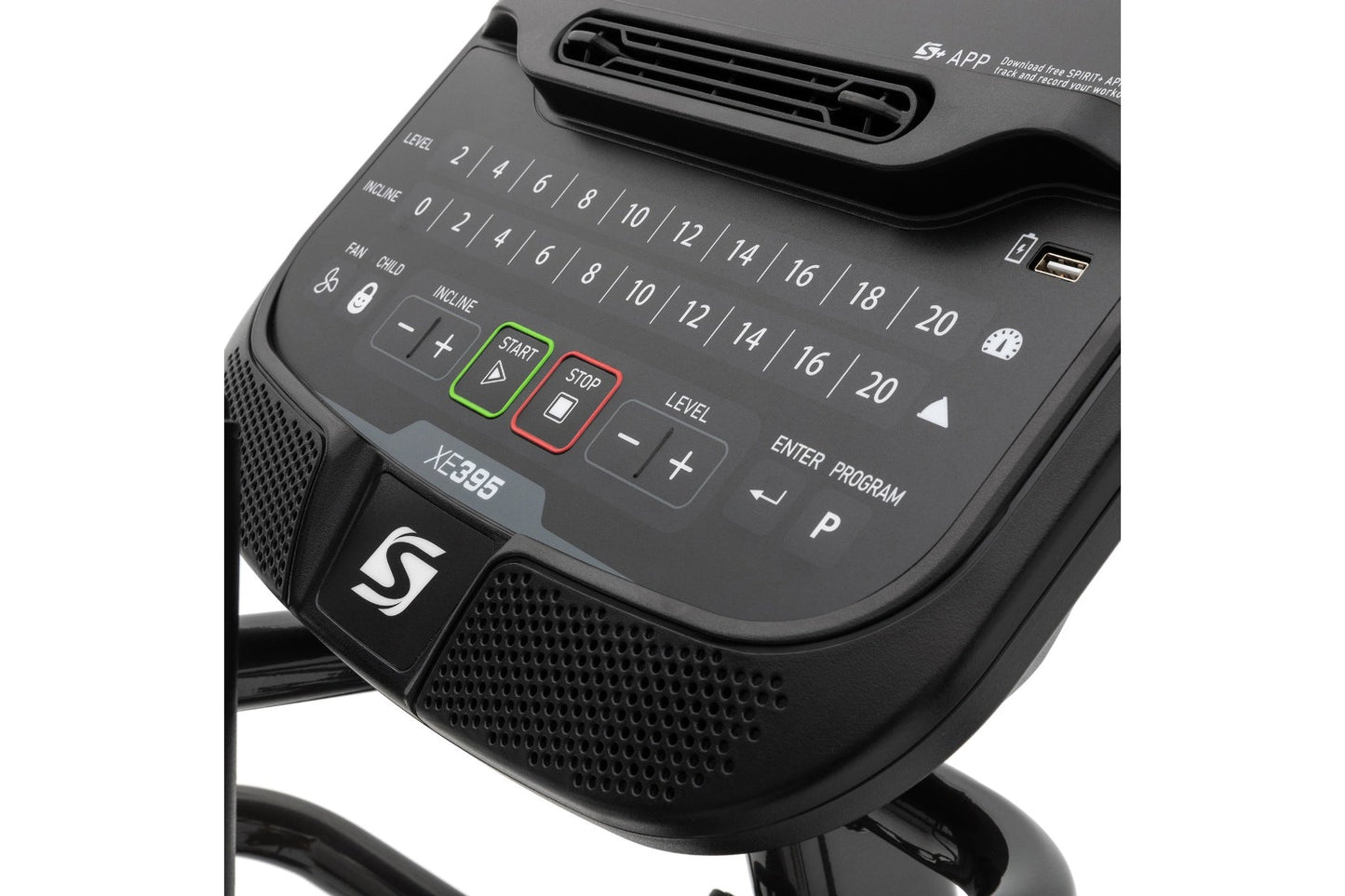 Spirit XE395 elliptical console showing black control panel with green start button, red stop button, and numbered incline/le