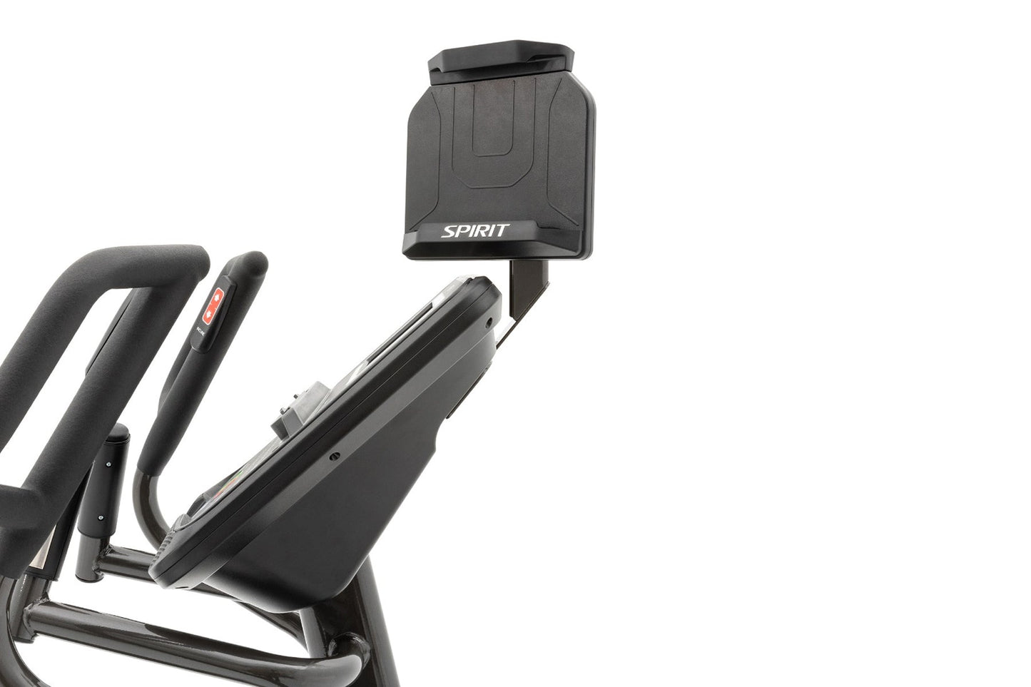 Spirit XE395 elliptical with black handles, console display, and seat on white background