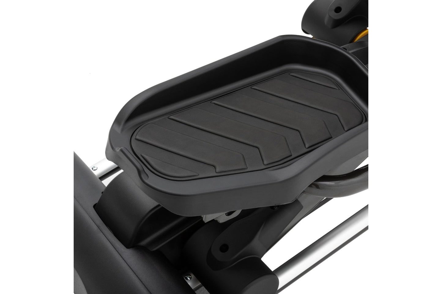 Black elliptical machine footpad with ribbed texture and metal frame detail on white background