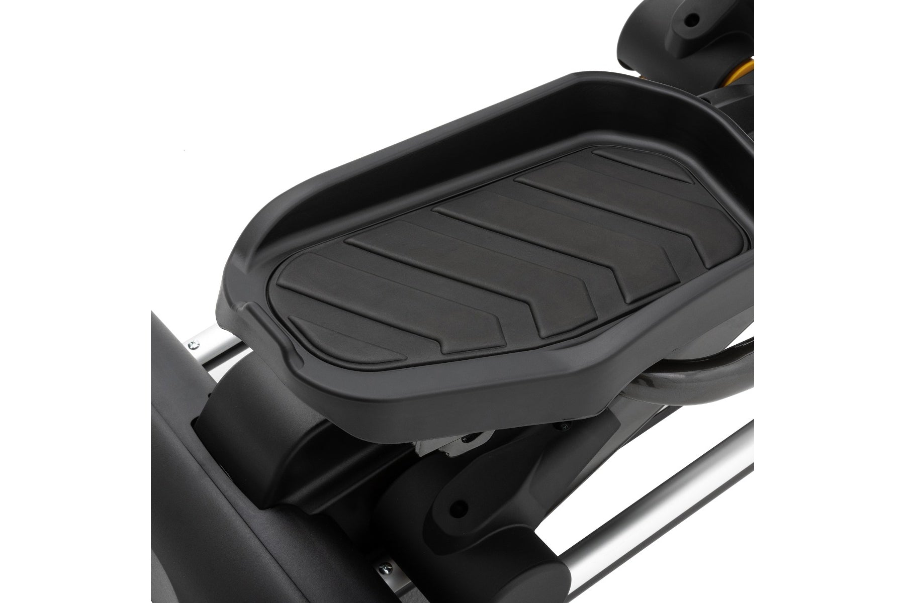 Black elliptical machine footpad with ribbed texture and metal frame detail on white background