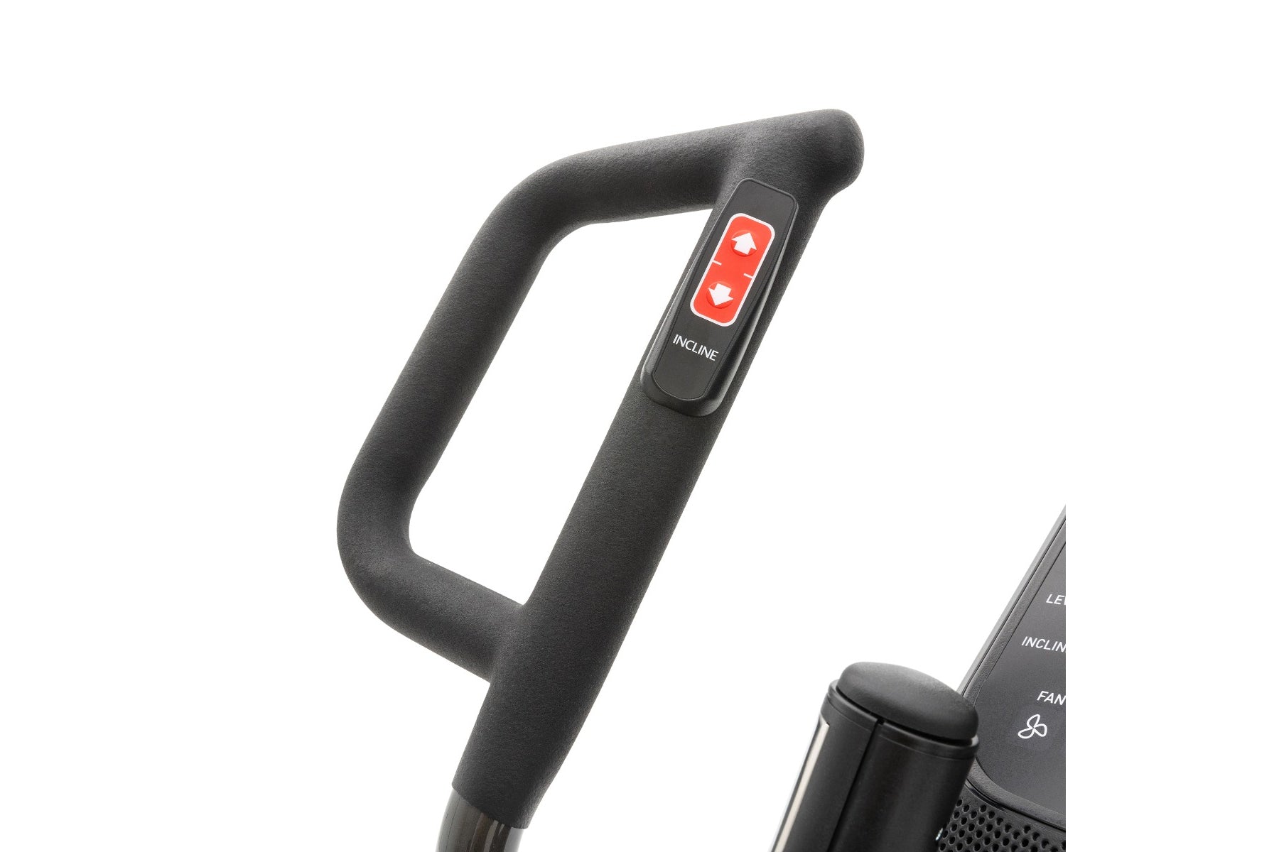 Black elliptical handlebar with red digital incline buttons and control panel on white background