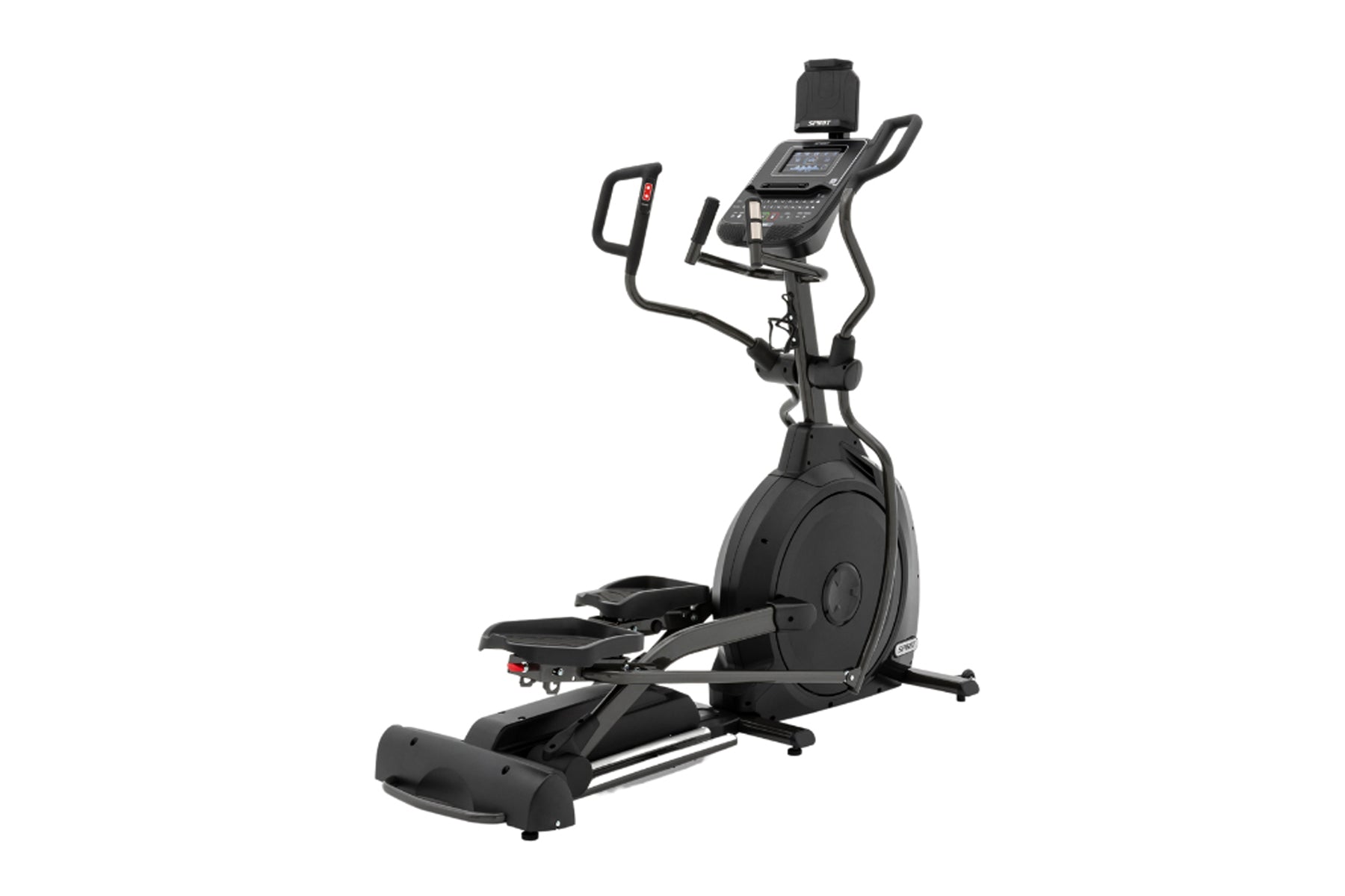 Black elliptical exercise machine with digital console display, dual handles, and footrests on white background