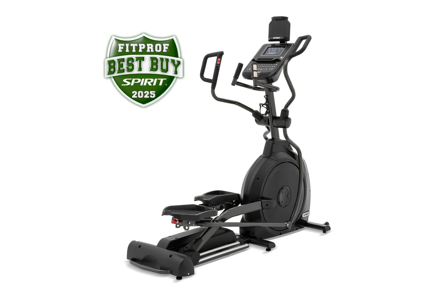 Black Spirit XE395 elliptical machine with digital console, foot pedals, and handlebar arms on white background