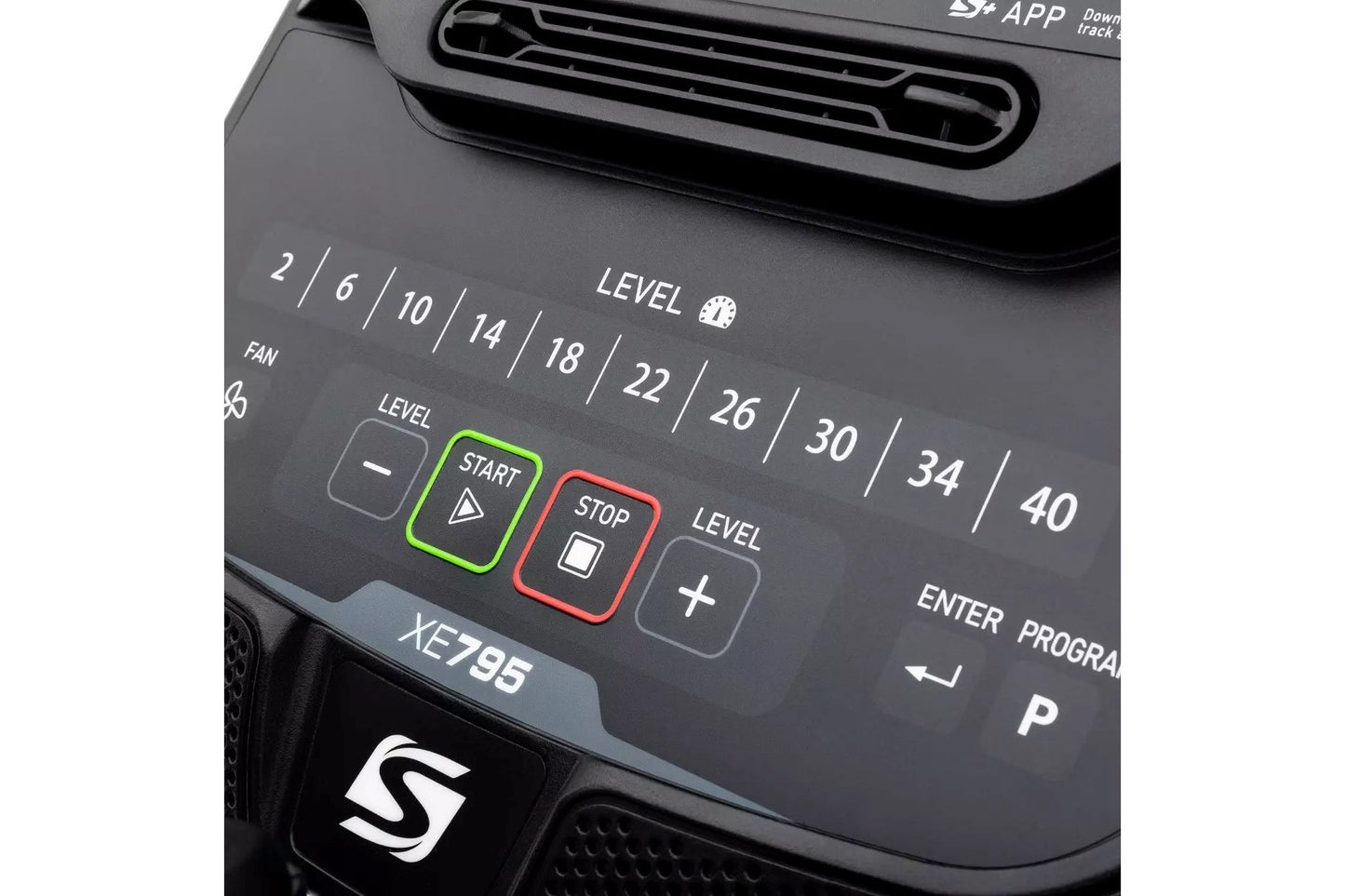 Spirit XE795 elliptical control panel with fan speed levels 2-40, green start button, red stop button, and level controls on 