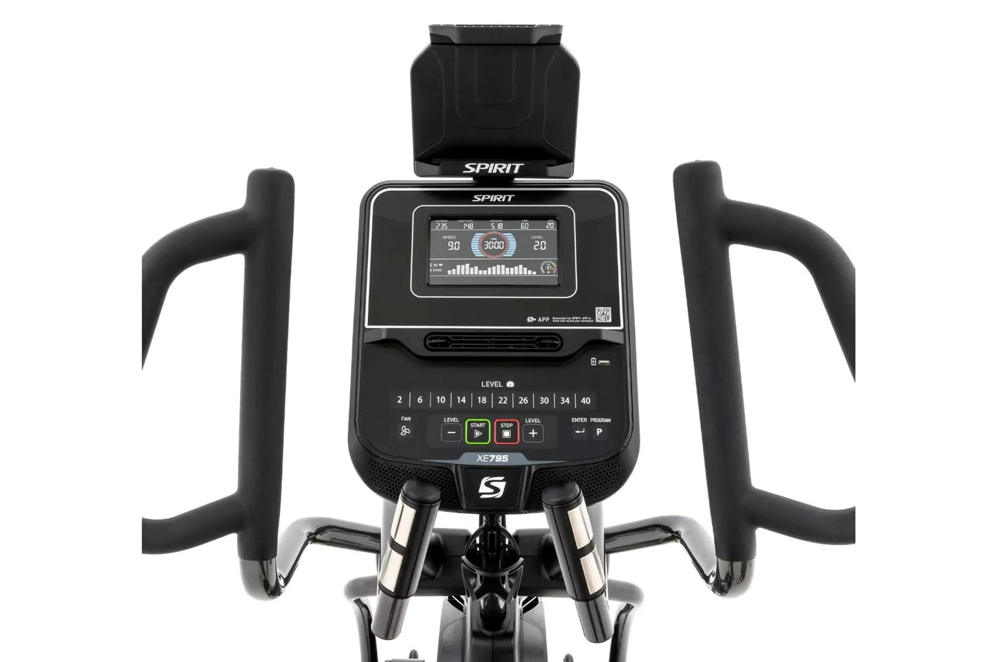 Spirit XE795 black elliptical machine with digital display console, dual handles, and resistance level controls on white back