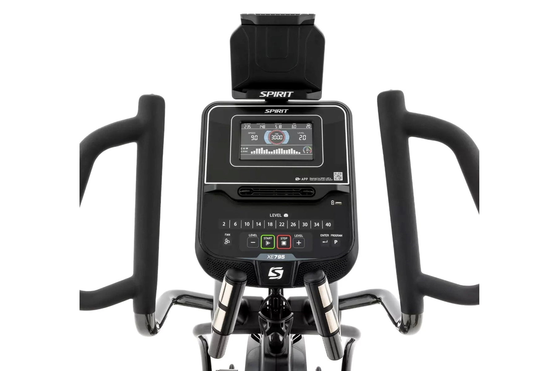 Spirit XE795 black elliptical machine with digital display console, dual handles, and resistance level controls on white back