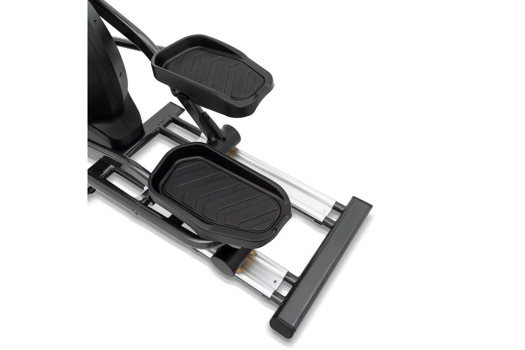 Black and silver elliptical machine with padded foot pedals and handle grips, shown on white background