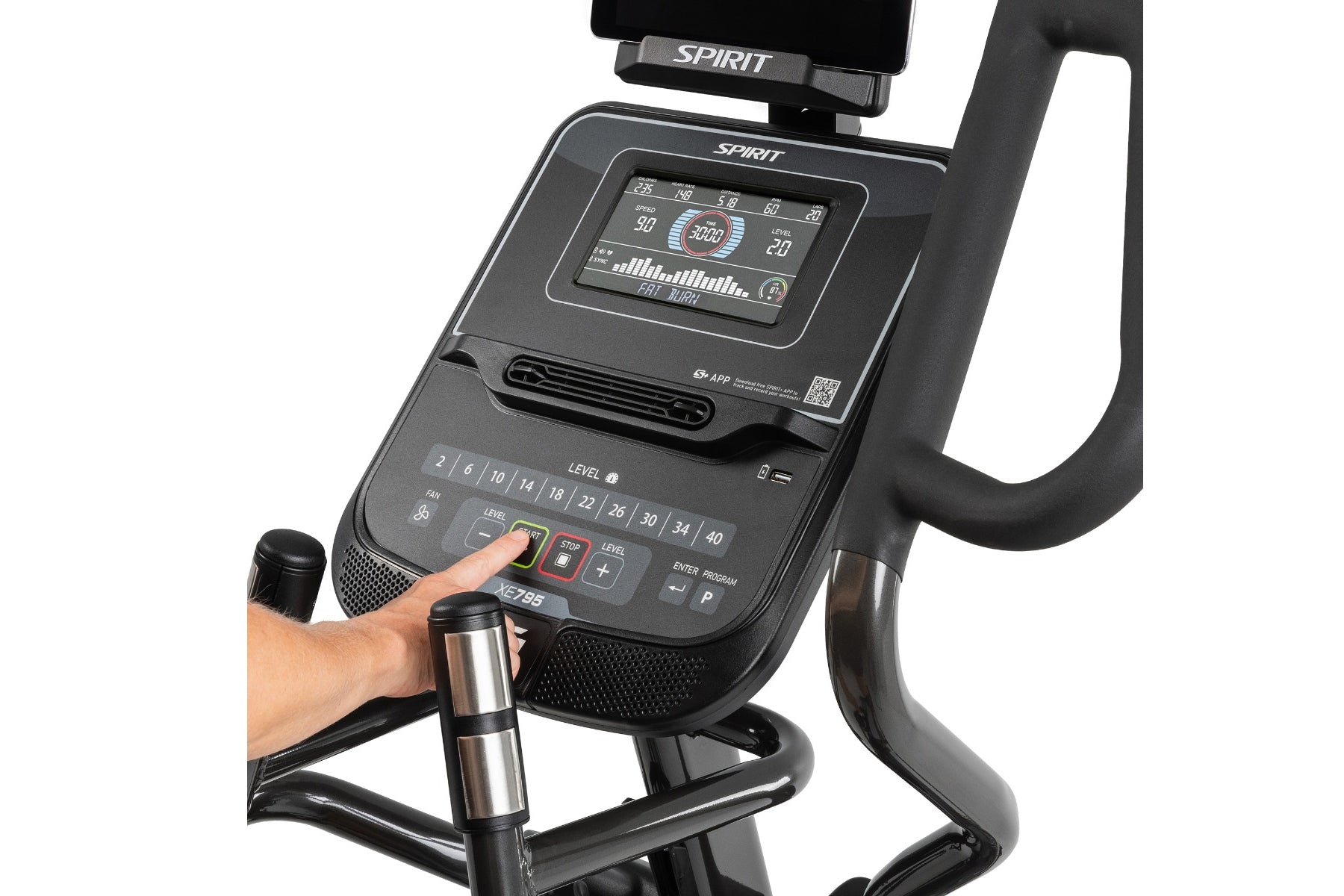 Spirit XE795 black elliptical machine with digital display showing workout metrics, hand grips with chrome accents, and numbe