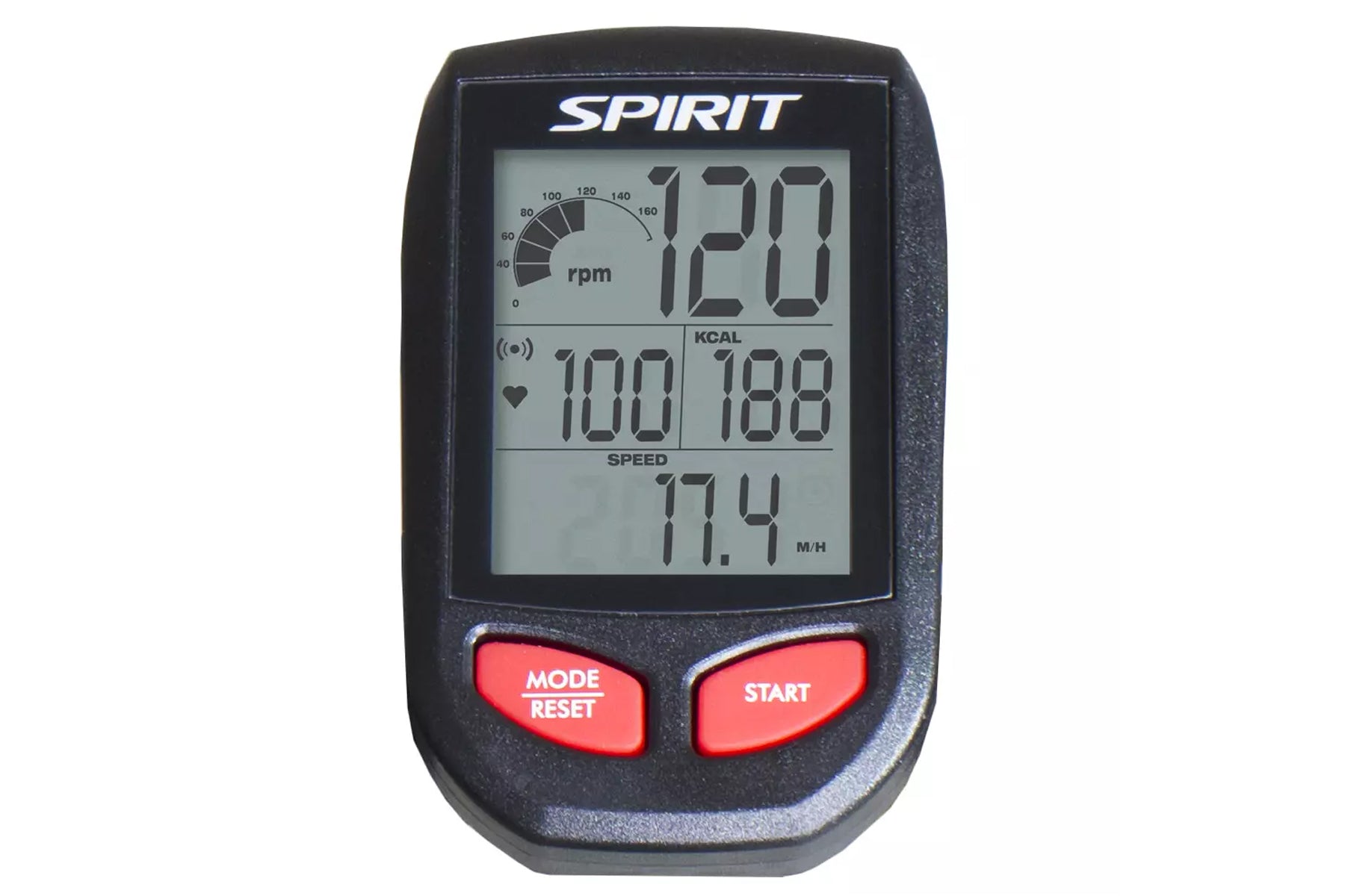 Spirit XIC600 stationary bike console displaying RPM, speed, and calorie metrics with black housing and red Mode/Reset and St