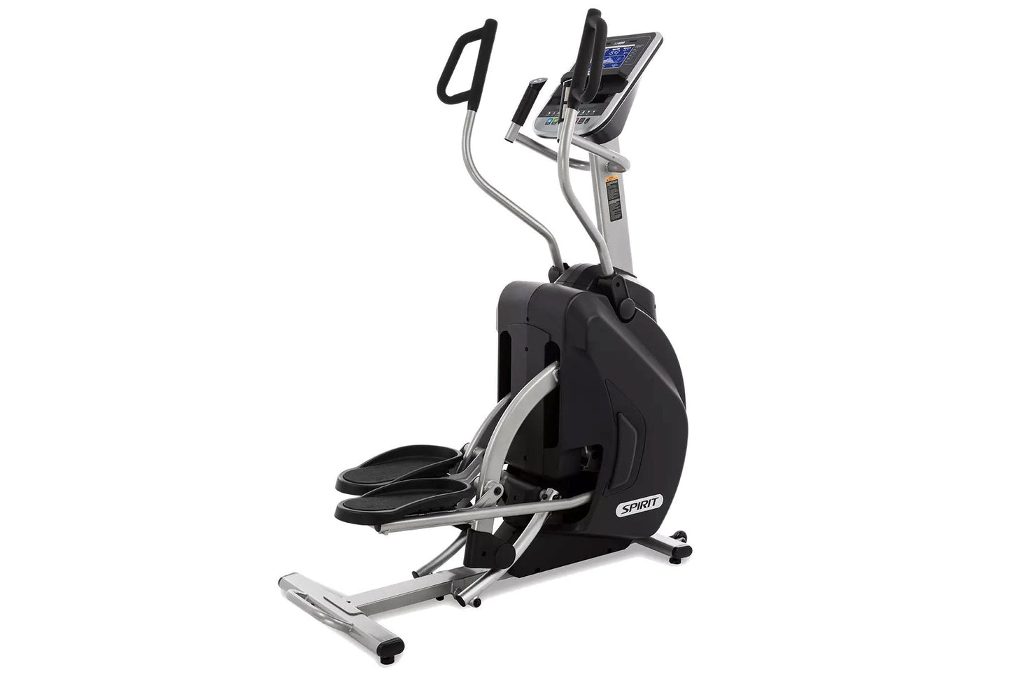 Spirit XS895 elliptical stepper trainer with black pedals, silver frame, digital console, and hand grips on white background