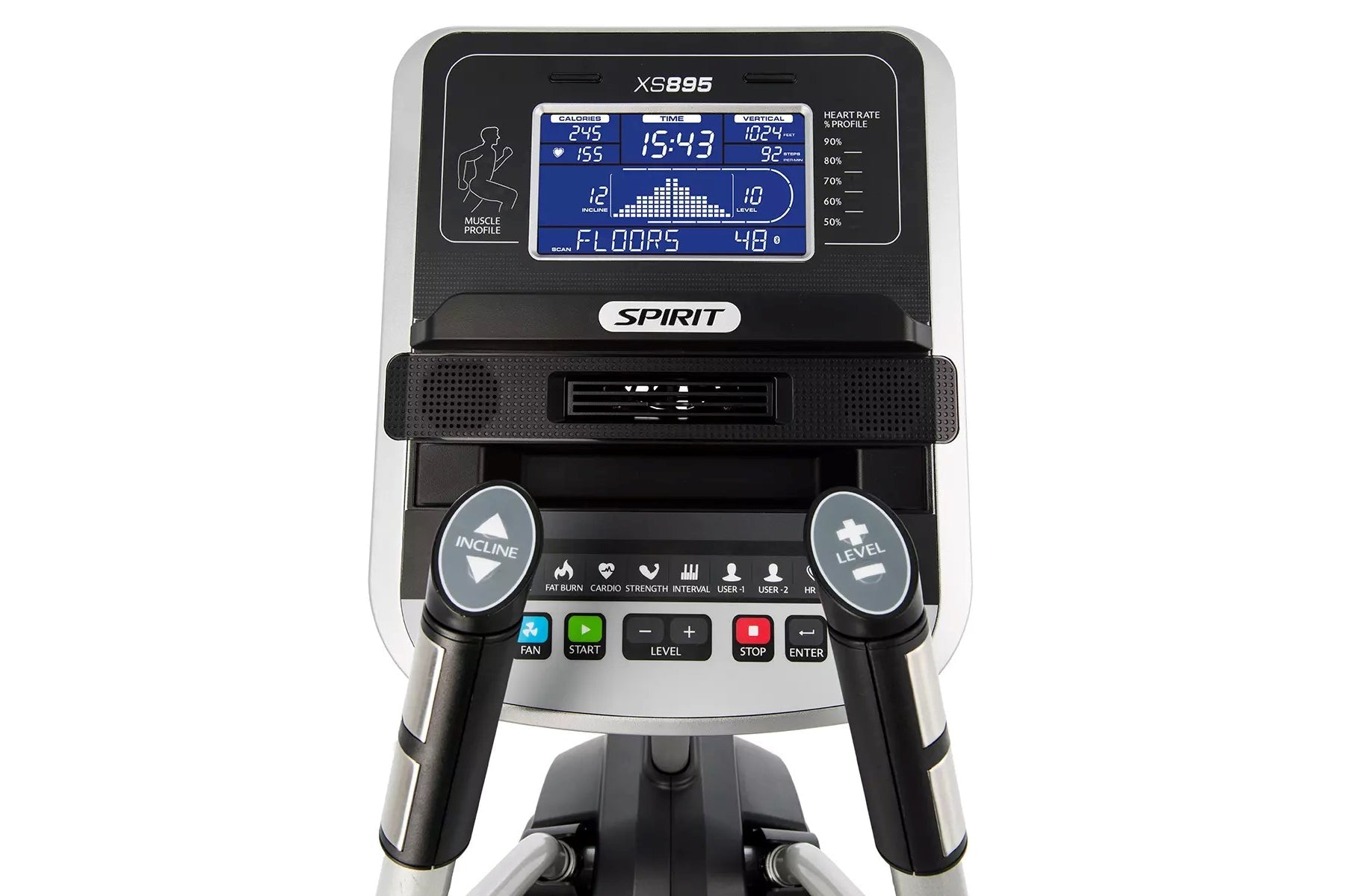 Spirit XS895 HIIT elliptical stepper trainer with digital display showing workout metrics, black frame with silver accents, a