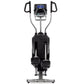 Black and silver elliptical stepper trainer with digital display console, curved handlebar grips, and dual foot pedals on whi