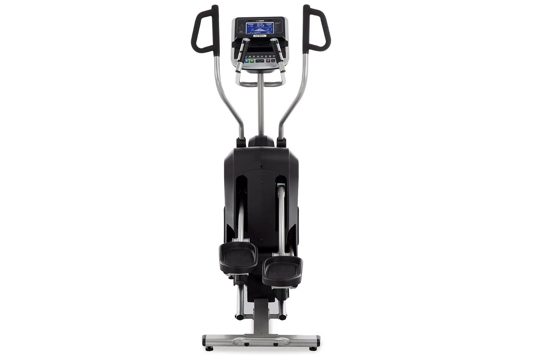 Black and silver elliptical stepper trainer with digital display console, curved handlebar grips, and dual foot pedals on whi