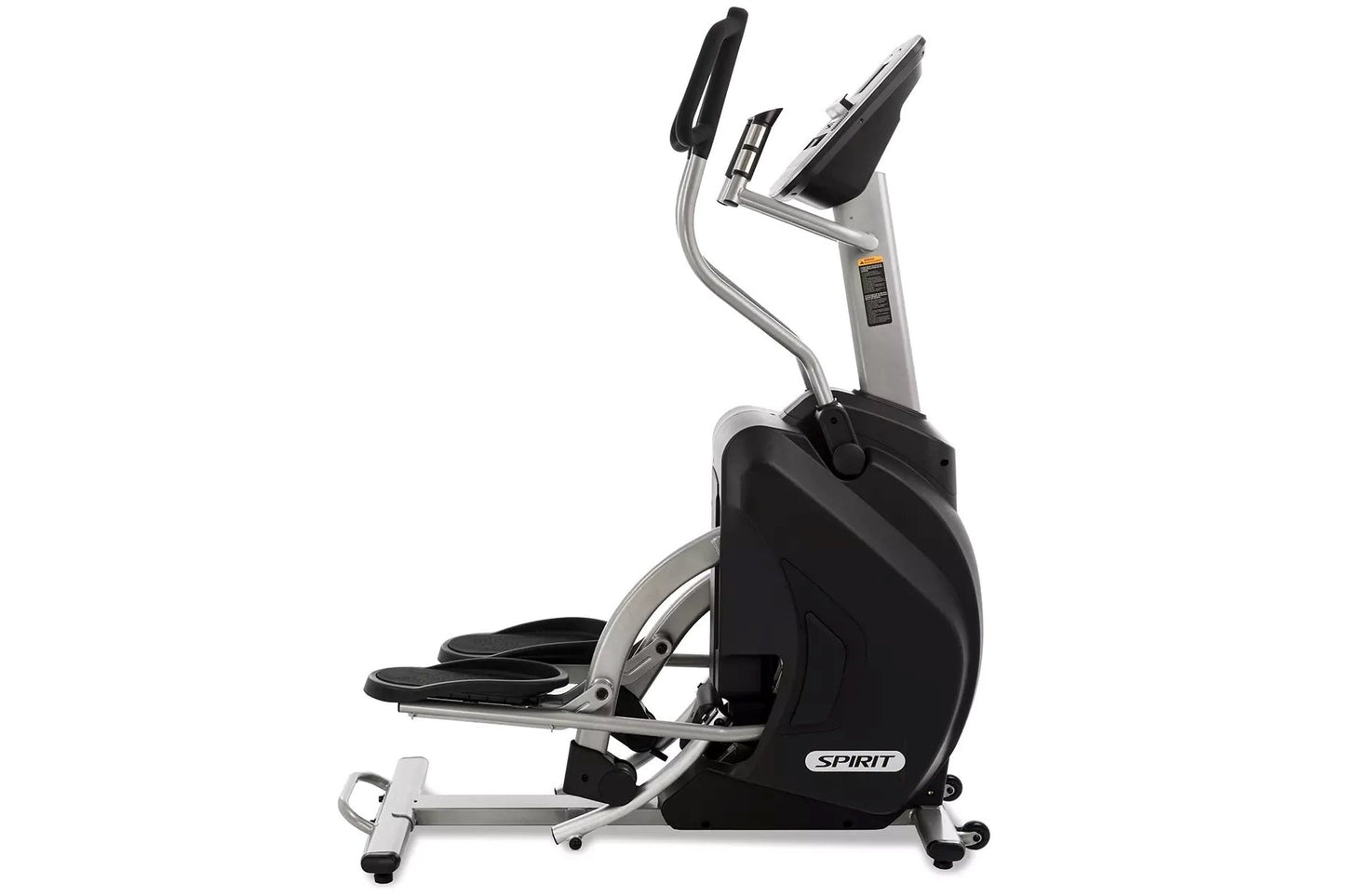 Spirit XS895 black and silver elliptical stepper trainer with dual handles and digital display console on white background