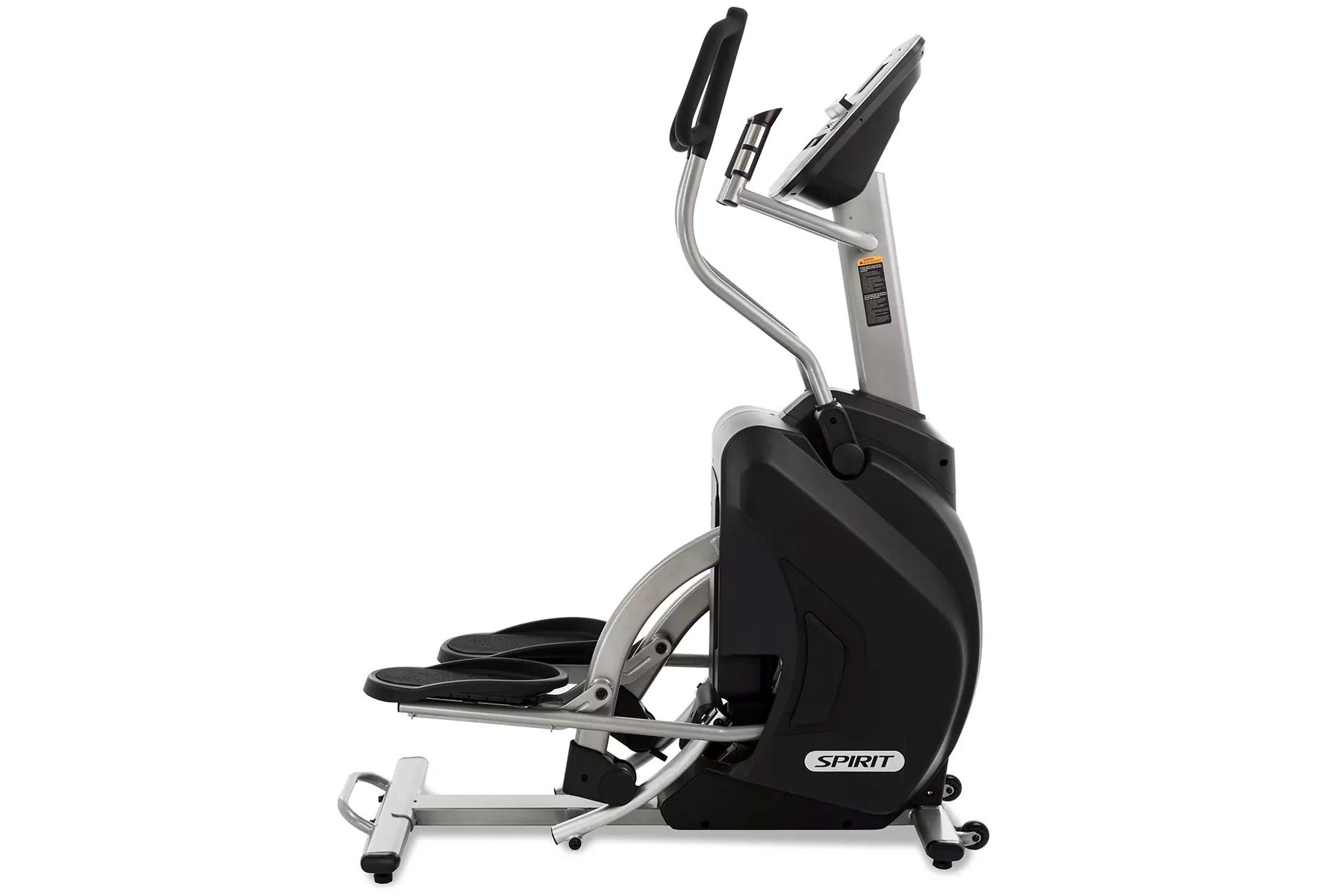 Spirit XS895 black and silver elliptical stepper trainer with dual handles and digital display console on white background