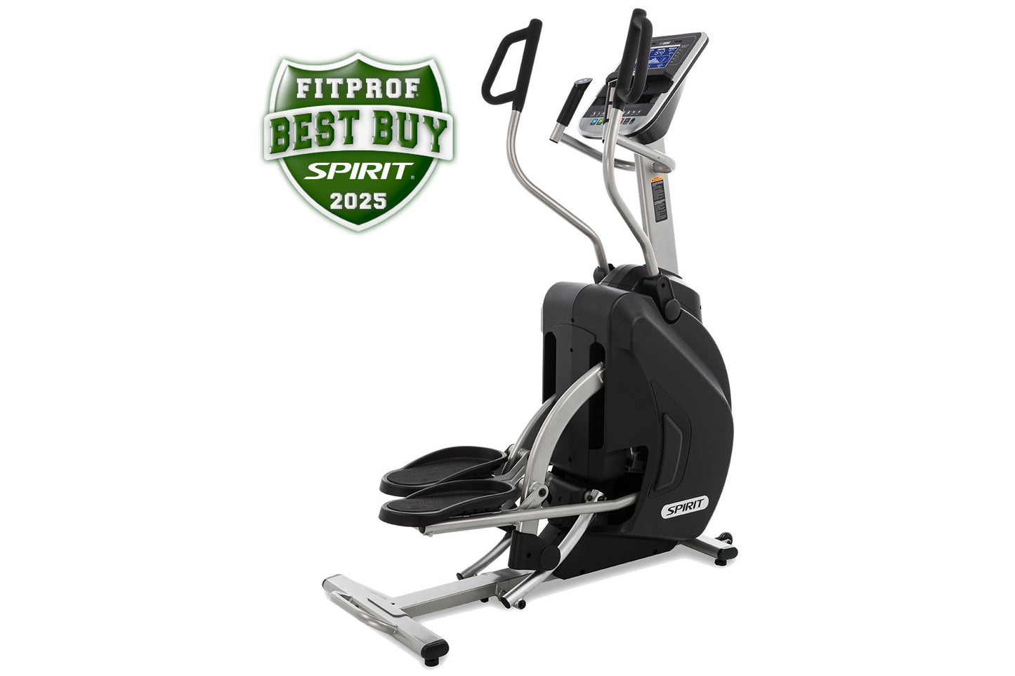 Spirit XS895 black and silver elliptical stepper trainer with digital display and dual handles, FitProf Best Buy award badge 