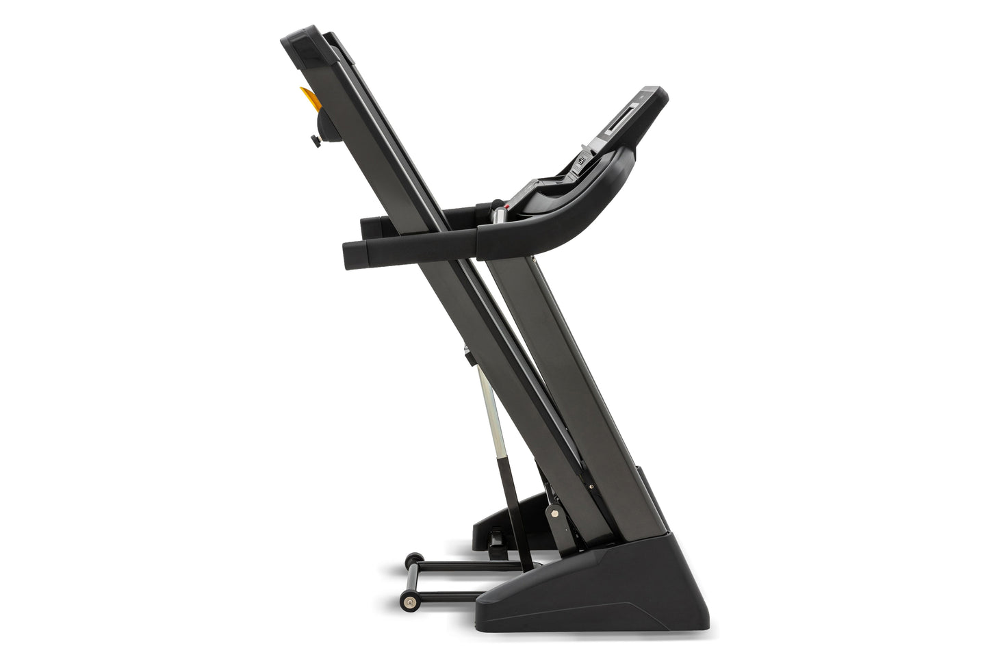 Black Spirit XT185 treadmill with incline capability, cushioned footrest, and digital display console on white background