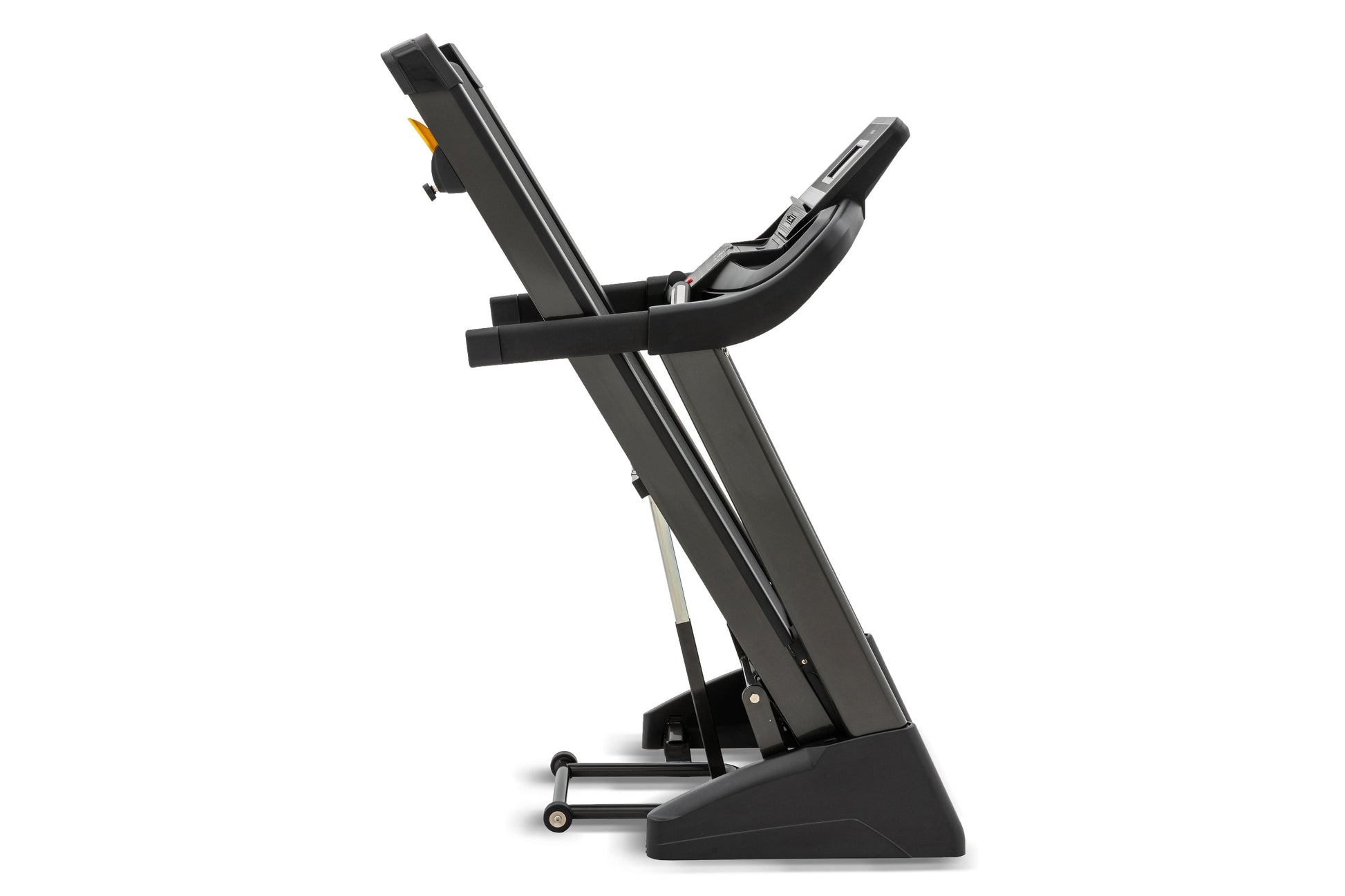 Black Spirit XT185 treadmill with incline capability, cushioned footrest, and digital display console on white background