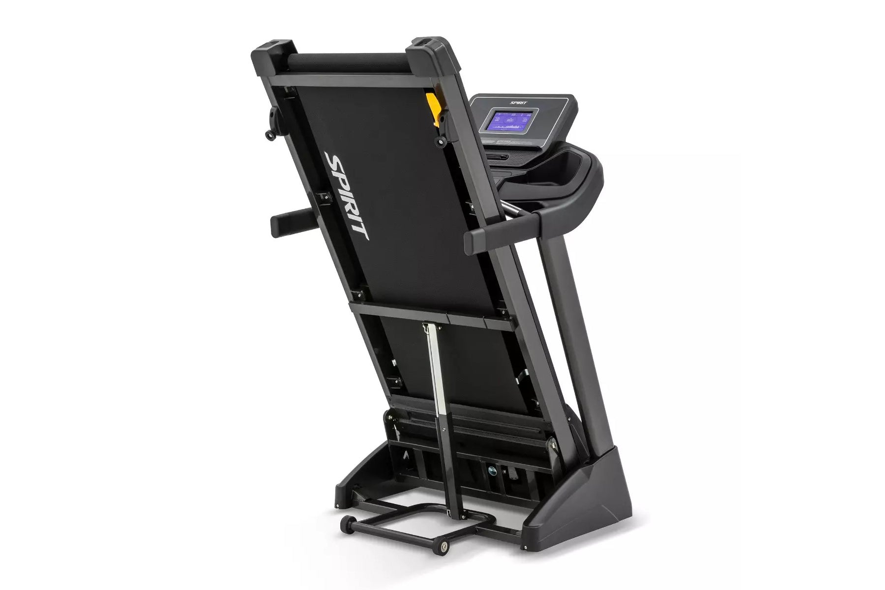 Black Spirit XT185 treadmill with digital display console, folding design, and wheeled base on white background