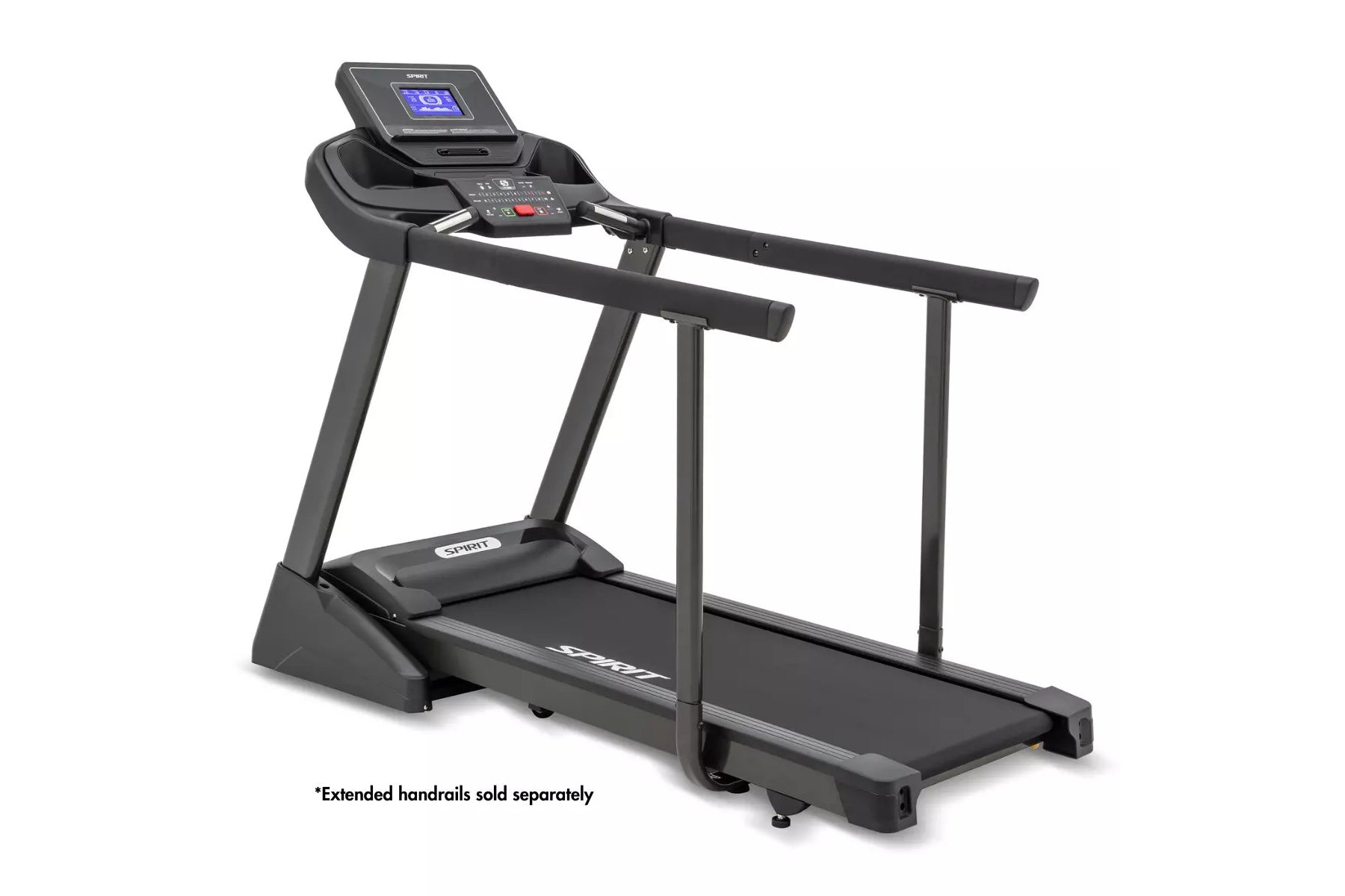 Black Spirit XT185 treadmill with digital display console, handrails, and running belt on white background