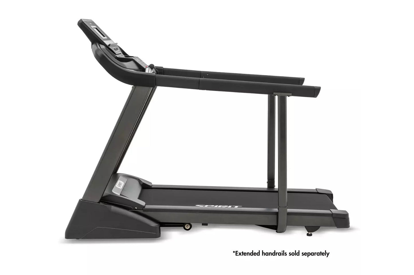 Black Spirit XT185 treadmill with digital console, dual handrails, and wide running deck on white background