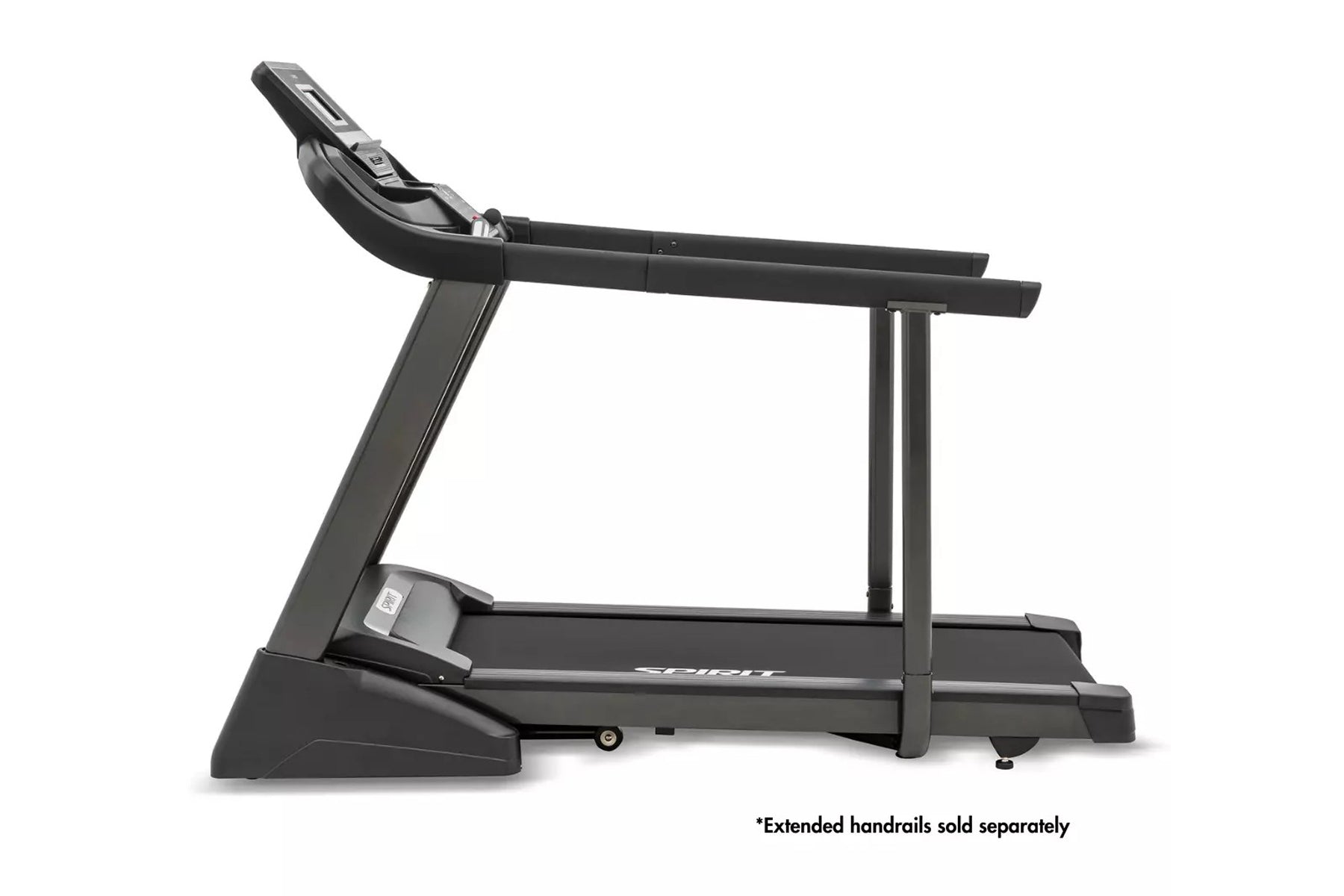 Black Spirit XT185 treadmill with digital console, dual handrails, and wide running deck on white background