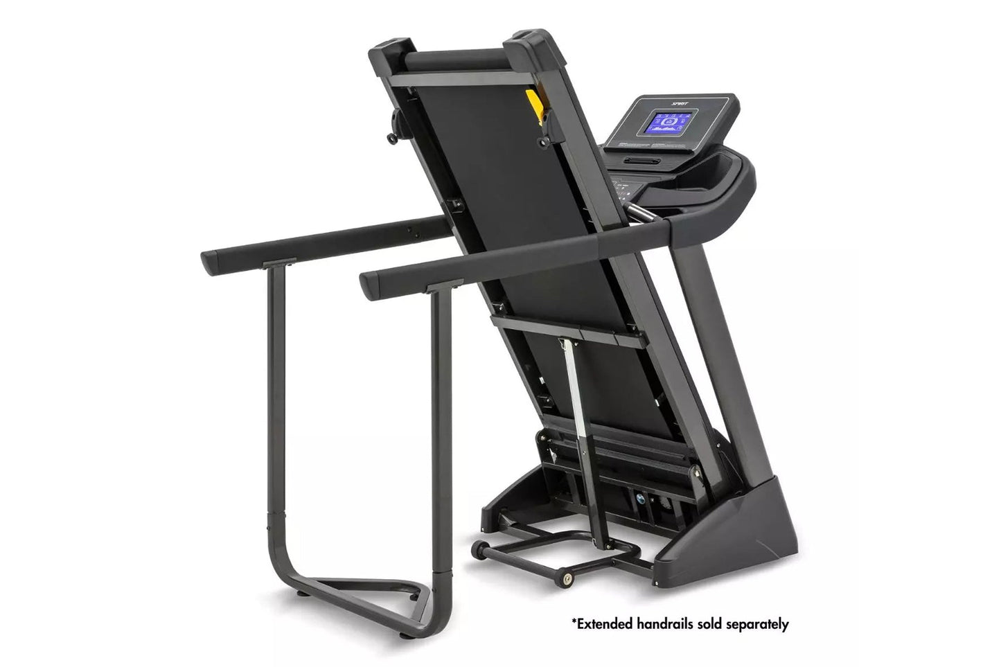 Black Spirit XT185 treadmill with blue digital display console and gray handrails on white background