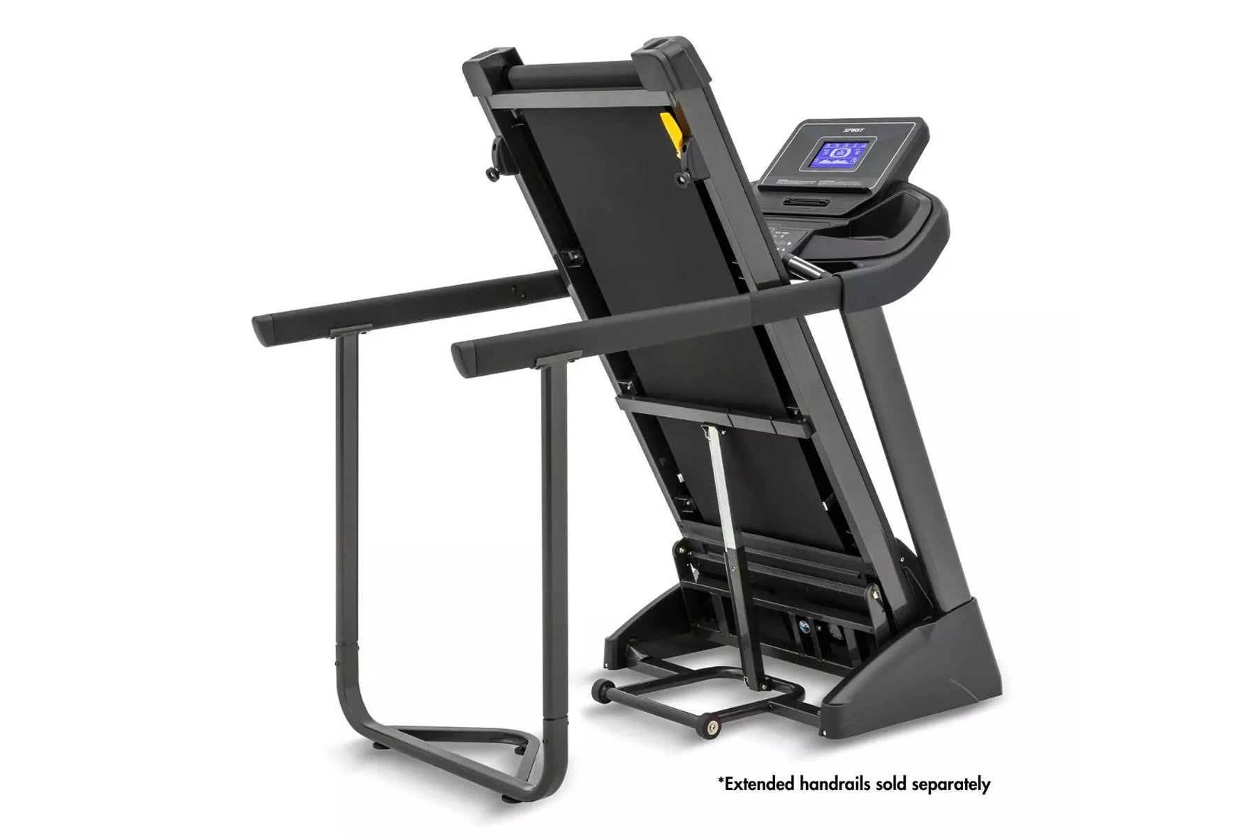 Black Spirit XT185 treadmill with blue digital display console and gray handrails on white background