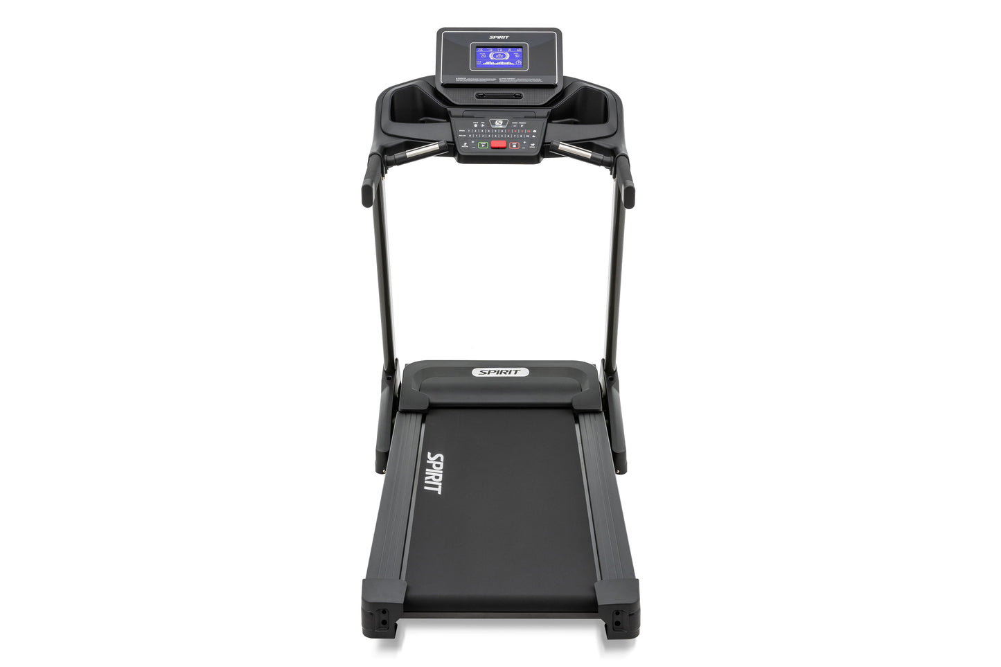 Spirit XT185 black treadmill with digital display console, control panel, and running deck on white background