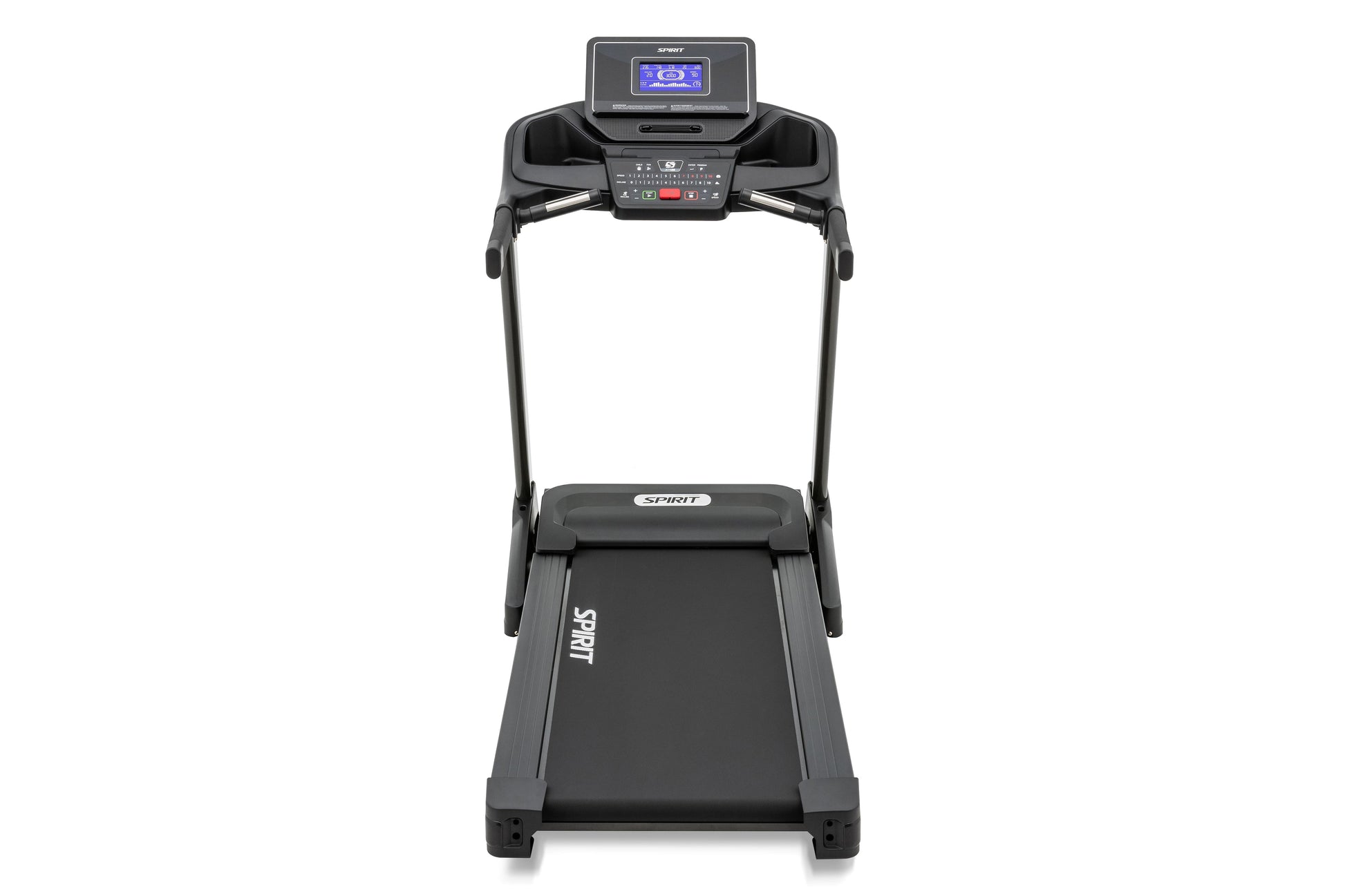 Spirit XT185 black treadmill with digital display console, control panel, and running deck on white background
