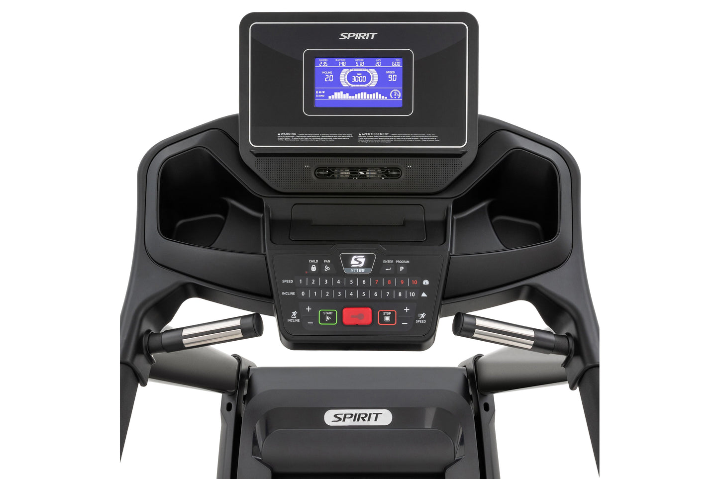 Spirit XT185 black treadmill with blue digital display console showing 3000 calories, control panel with numbered buttons, an
