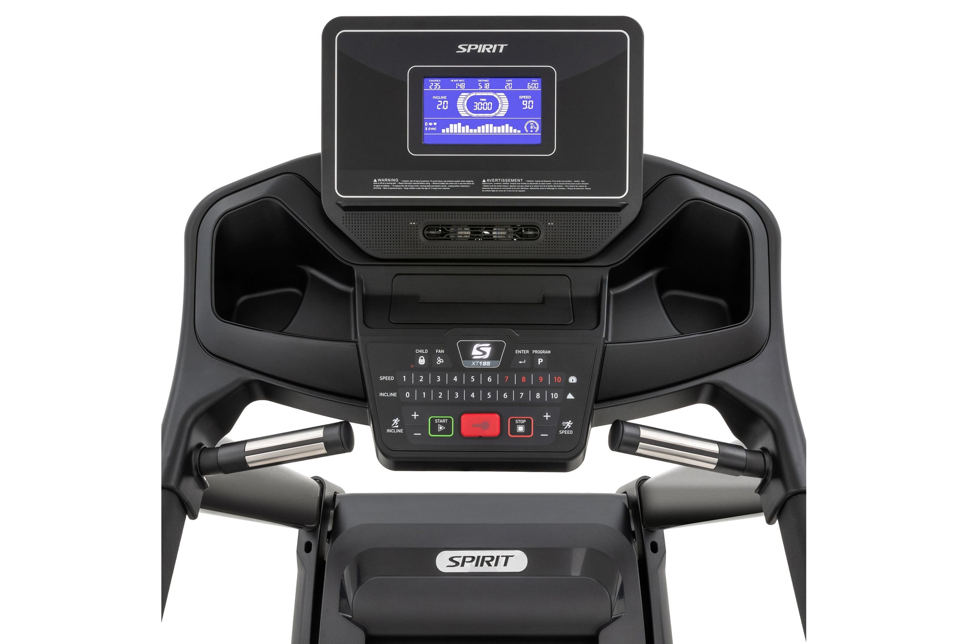 Spirit XT185 black treadmill with blue digital display console showing 3000 calories, control panel with numbered buttons, an