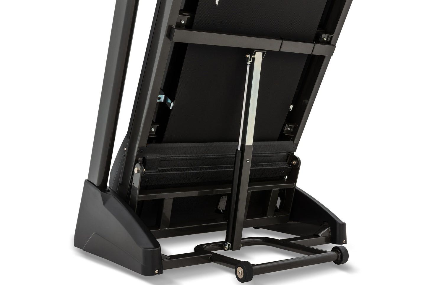 Black Spirit XT185 treadmill with open hood showing internal mechanics, metal frame, black running belt, and wheeled base on 