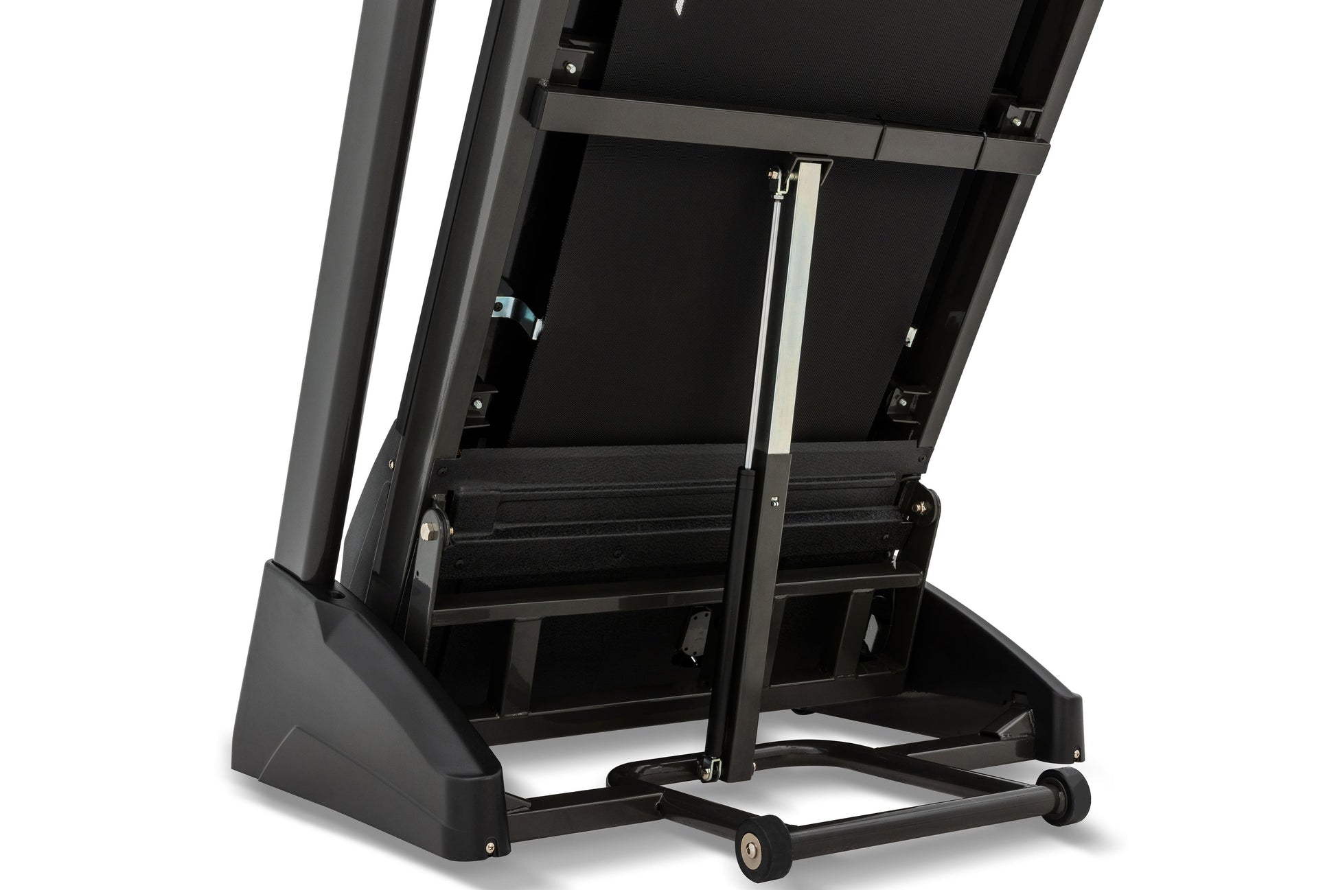 Black Spirit XT185 treadmill with open hood showing internal mechanics, metal frame, black running belt, and wheeled base on 