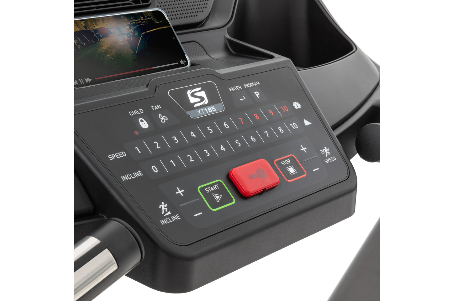 Spirit XT185 treadmill console with black panel, red and green buttons, digital display showing workout metrics, and tablet h