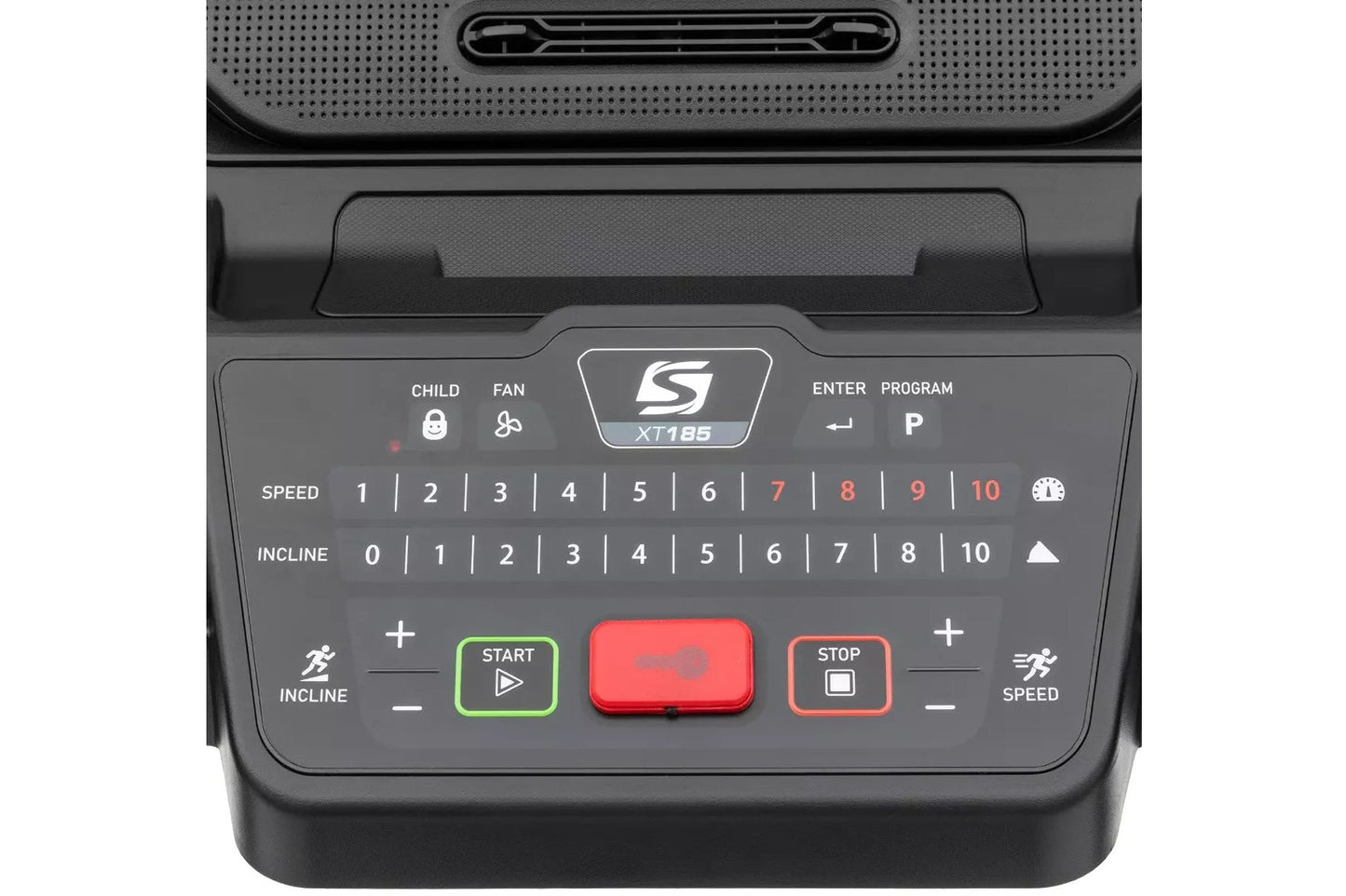 Spirit XT185 treadmill console control panel with speed and incline settings, green start button, red stop button, and digita