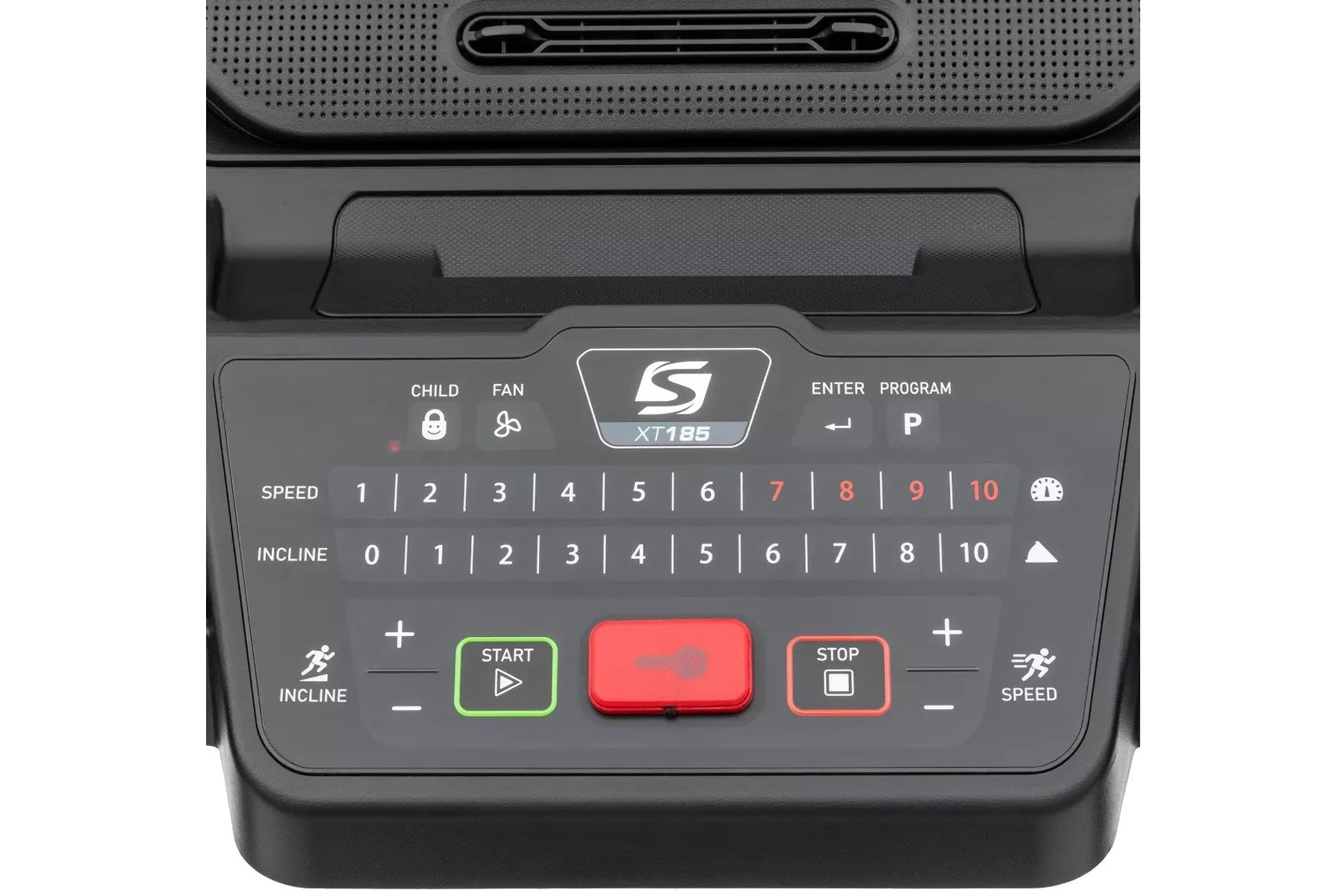 Spirit XT185 treadmill console control panel with speed and incline settings, green start button, red stop button, and digita