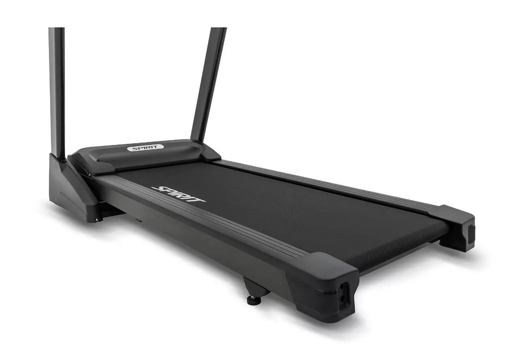 Spirit XT185 black treadmill with dual uprights and digital display on white background
