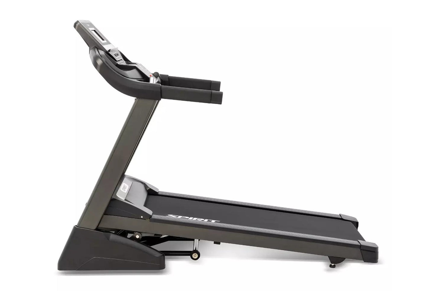 Spirit XT185 treadmill with black running deck, gray frame, and digital console on white background