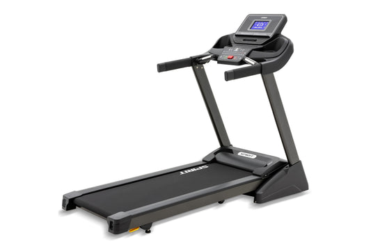 Black Spirit XT185 treadmill with dual handles, digital console display, and cushioned running deck on white background