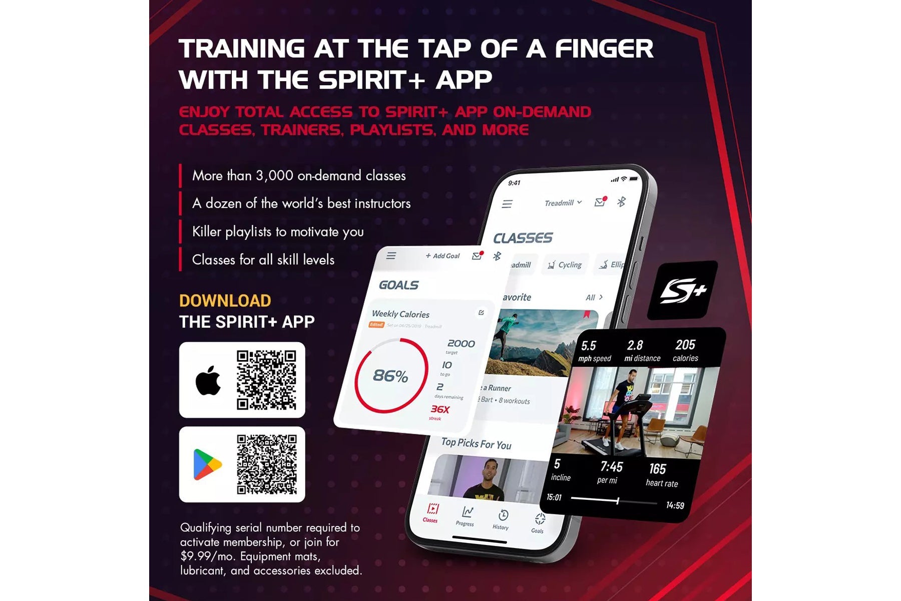 Spirit+ app promotional graphic showing smartphone displaying fitness classes, goals tracking with 86% progress circle, and w