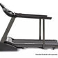 Black and gray motorized treadmill with curved handlebar, digital console, and wide running deck on white background