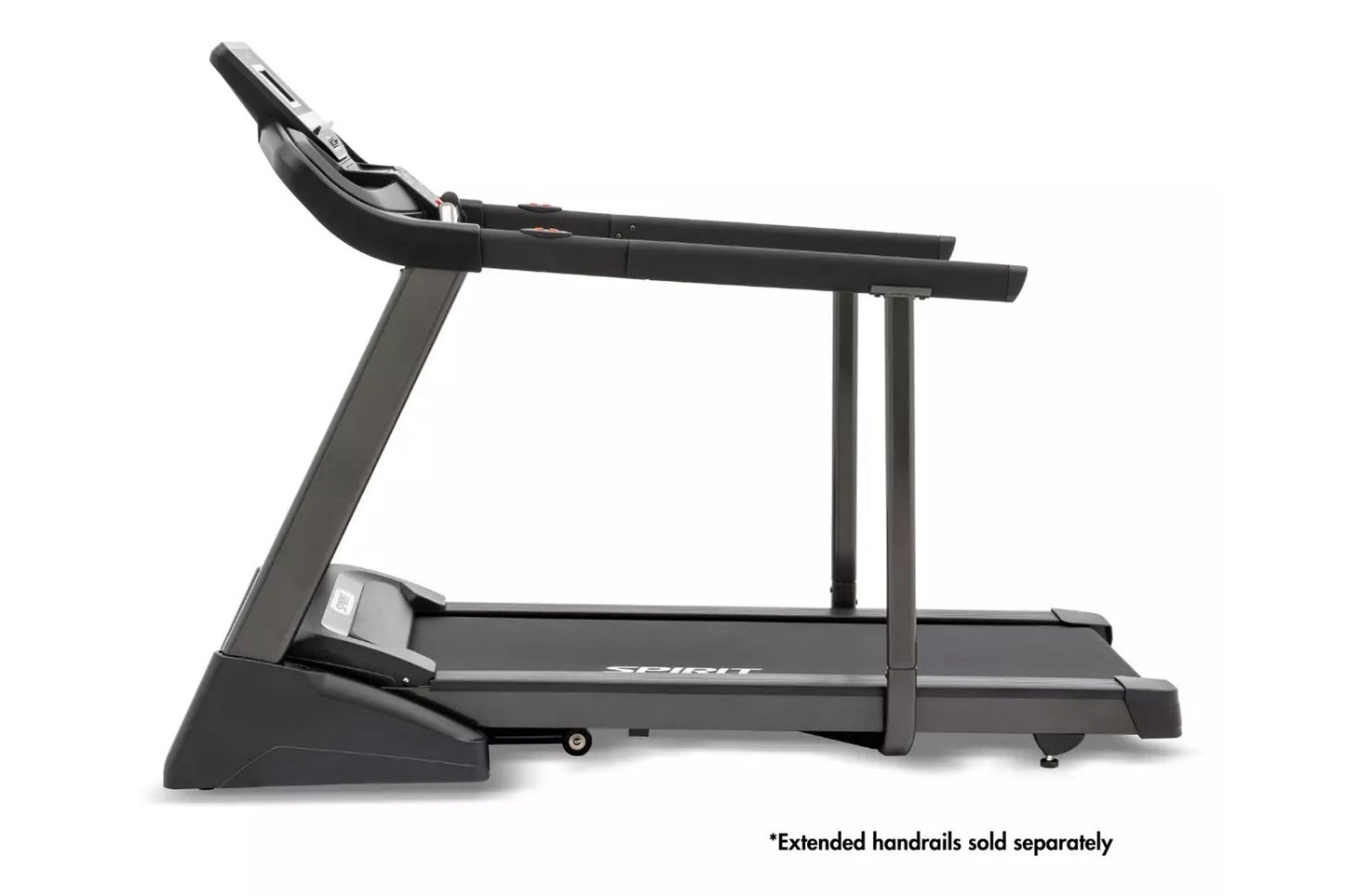 Black and gray motorized treadmill with curved handlebar, digital console, and wide running deck on white background